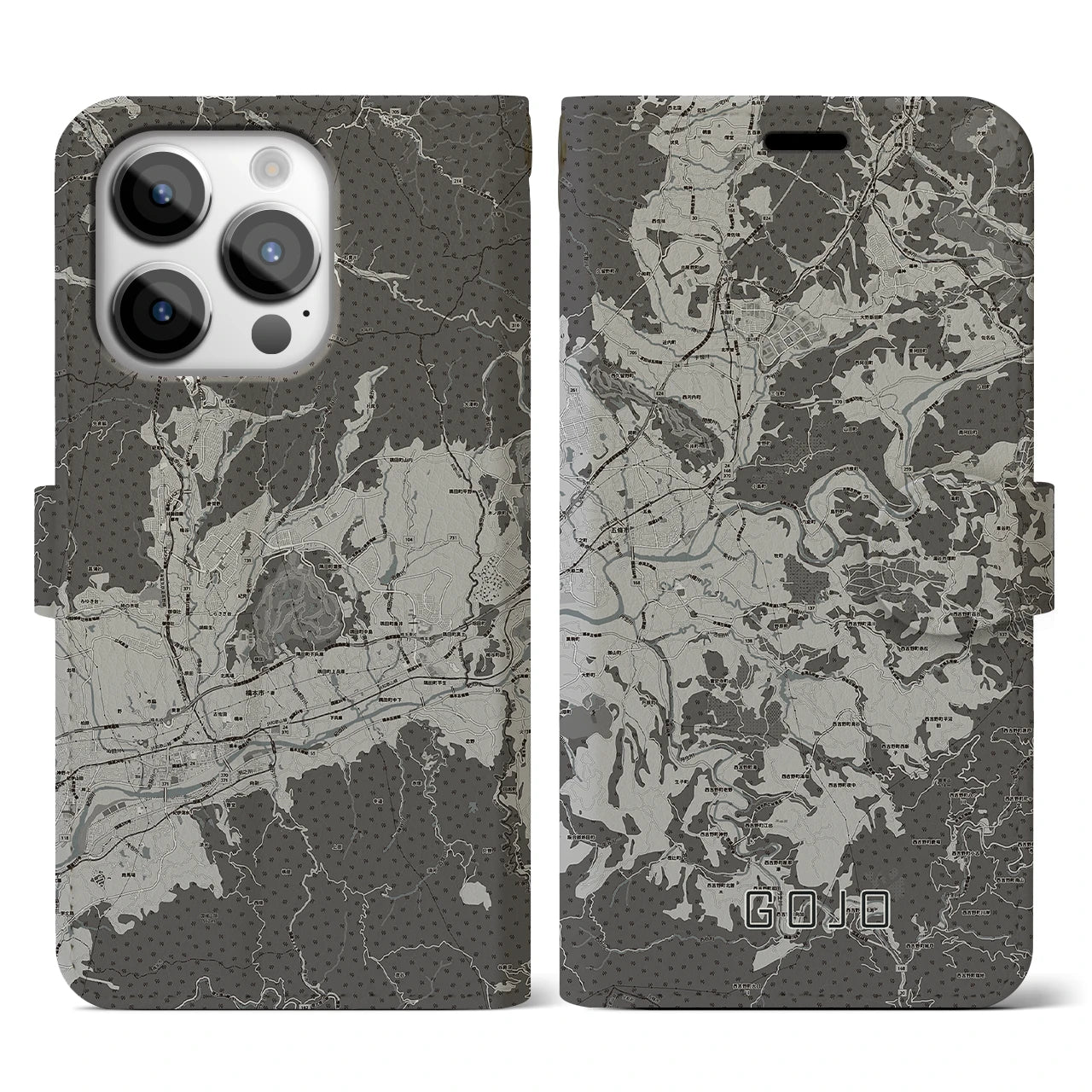【五條(奈良県)】地図柄iPhoneケース(手帳タイプ)モノトーン・iPhone 14 Pro 用