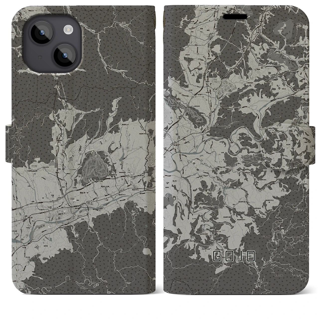【五條(奈良県)】地図柄iPhoneケース(手帳タイプ)モノトーン・iPhone 14 Plus 用