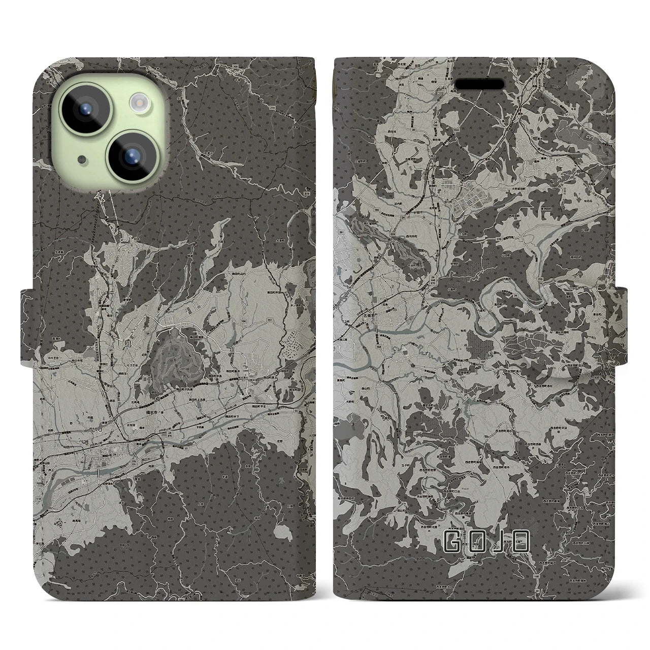 【五條(奈良県)】地図柄iPhoneケース(手帳タイプ)モノトーン・iPhone 15 用
