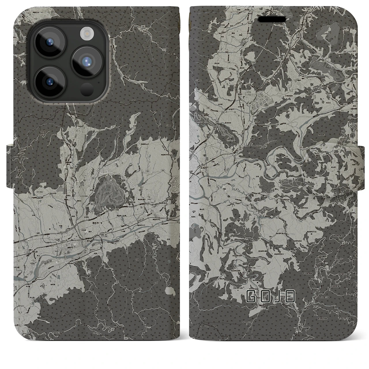 【五條(奈良県)】地図柄iPhoneケース(手帳タイプ)モノトーン・iPhone 15 Pro Max 用
