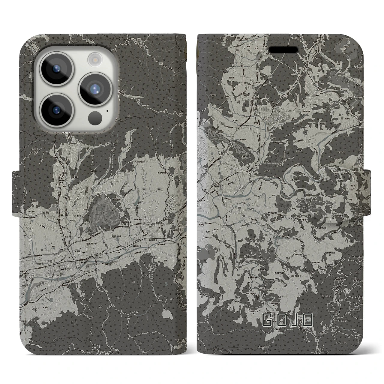 【五條(奈良県)】地図柄iPhoneケース(手帳タイプ)モノトーン・iPhone 15 Pro 用