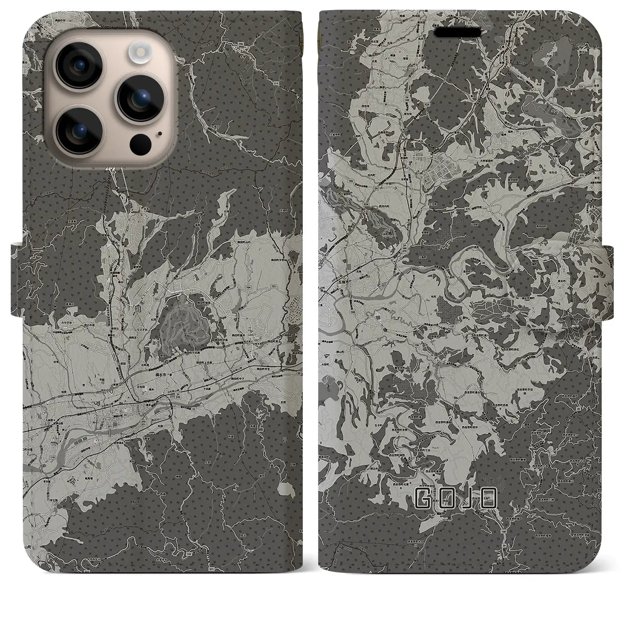 【五條(奈良県)】地図柄iPhoneケース(手帳タイプ)モノトーン・iPhone 16 Plus 用