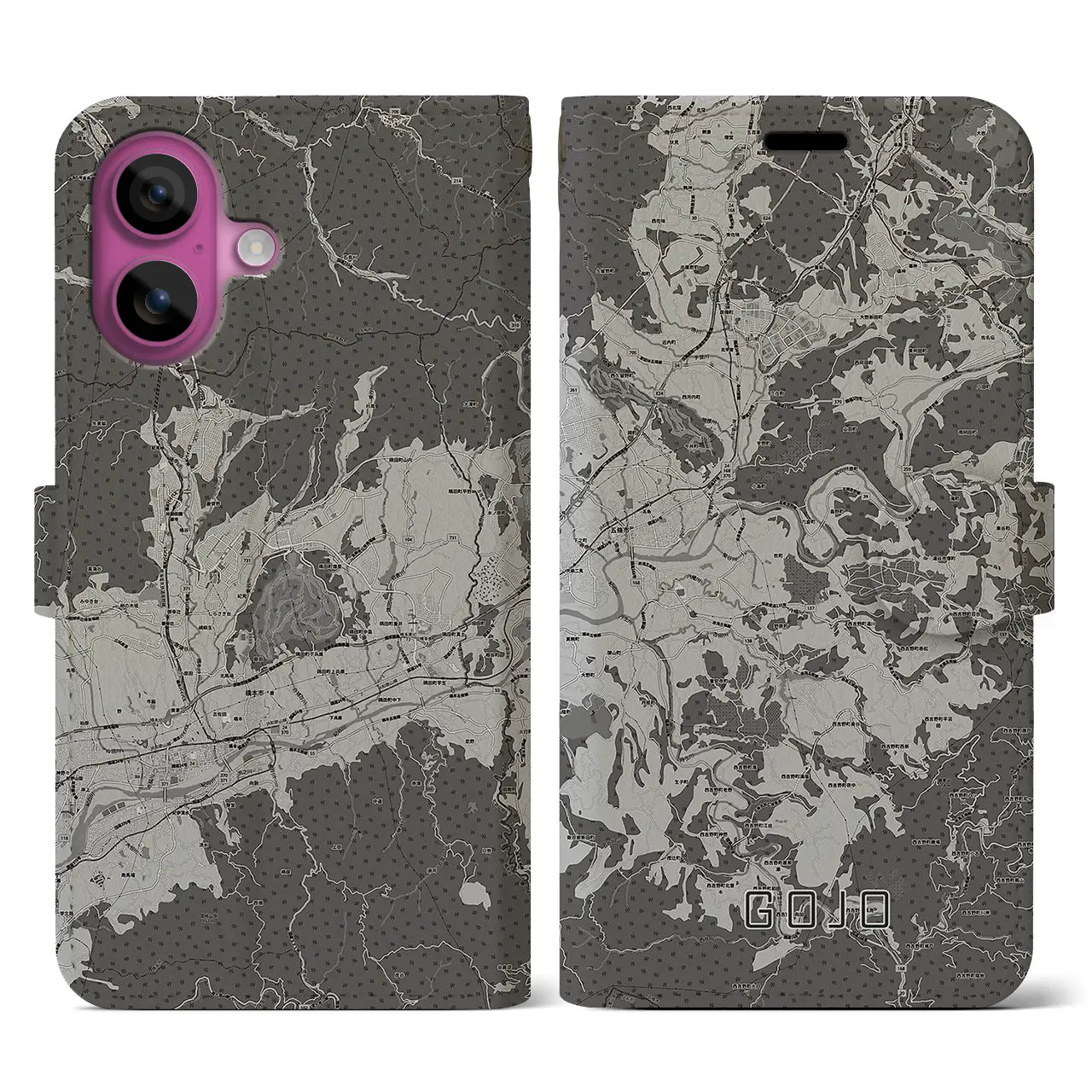 【五條(奈良県)】地図柄iPhoneケース(手帳タイプ)モノトーン・iPhone 16 Pro 用