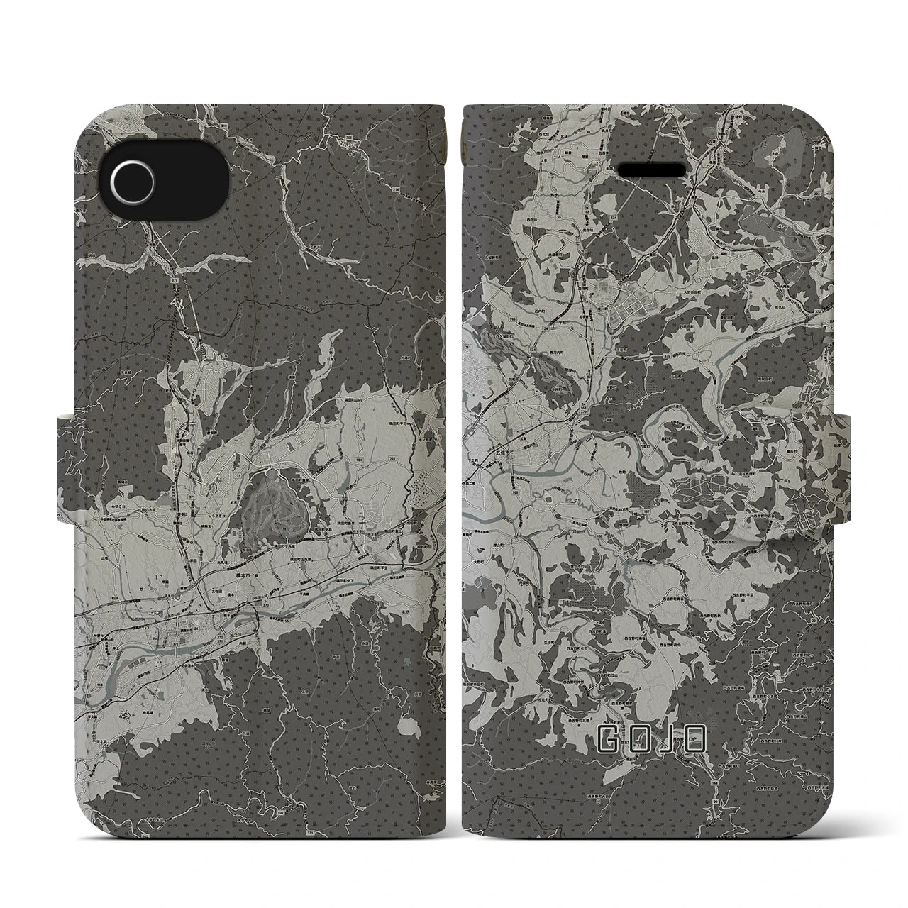 【五條(奈良県)】地図柄iPhoneケース(手帳タイプ)モノトーン・iPhone SE(第3 / 第2世代) / 8 / 7 / 6s / 6 用