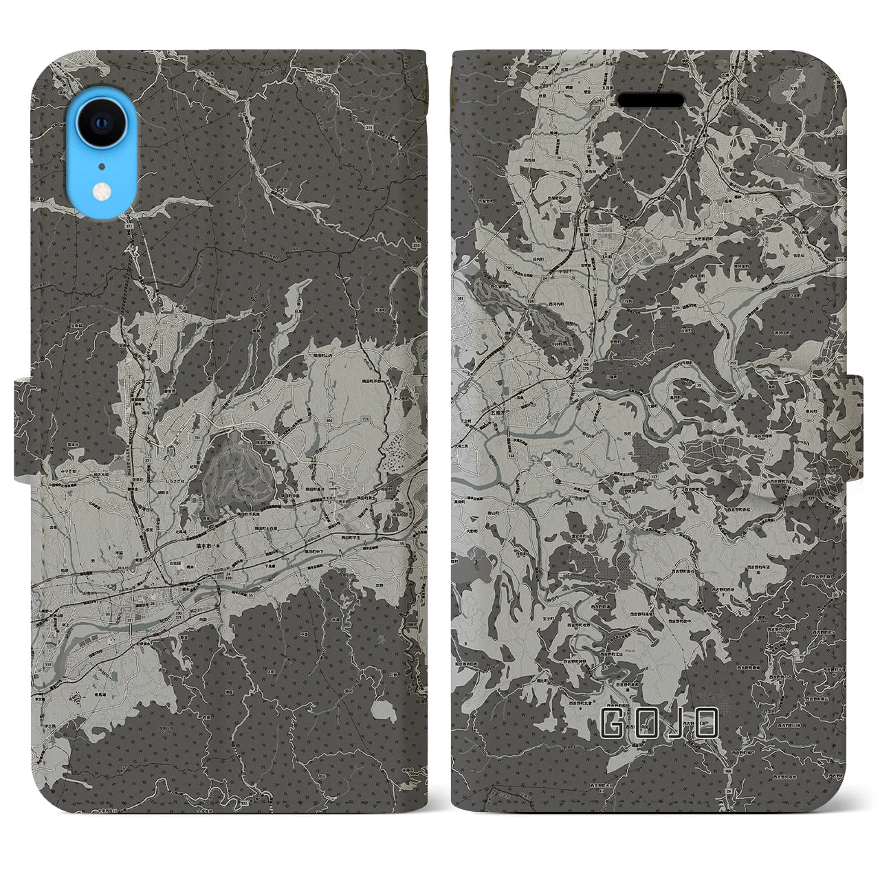 【五條(奈良県)】地図柄iPhoneケース(手帳タイプ)モノトーン・iPhone XR 用