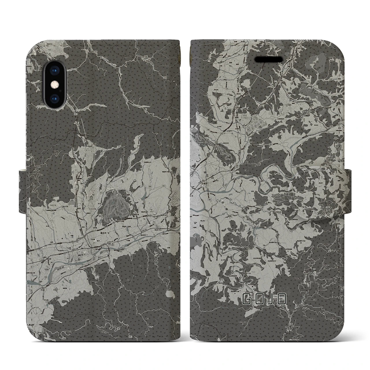 【五條(奈良県)】地図柄iPhoneケース(手帳タイプ)モノトーン・iPhone XS / X 用