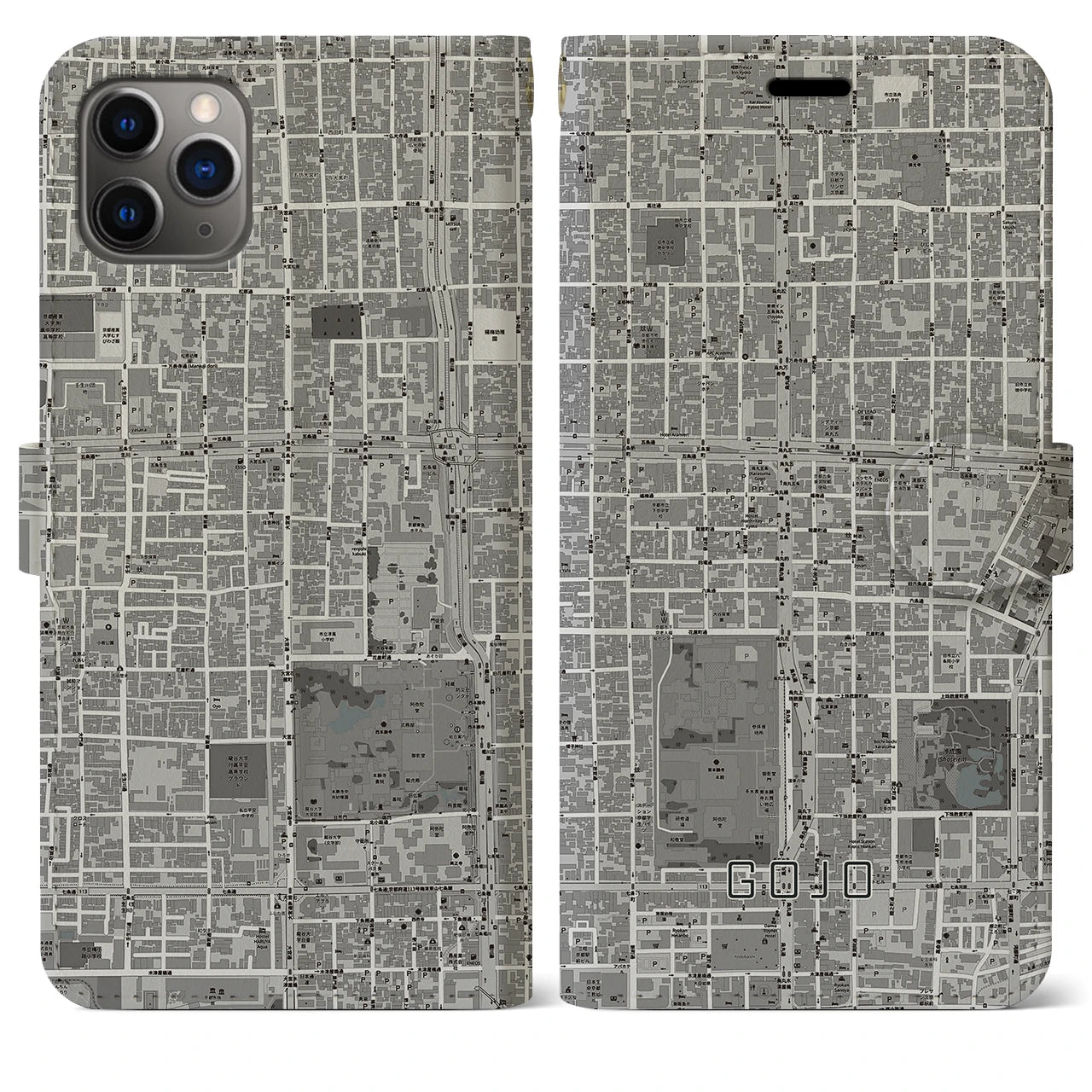 【五条(京都府)】地図柄iPhoneケース(手帳タイプ)モノトーン・iPhone 11 Pro Max 用