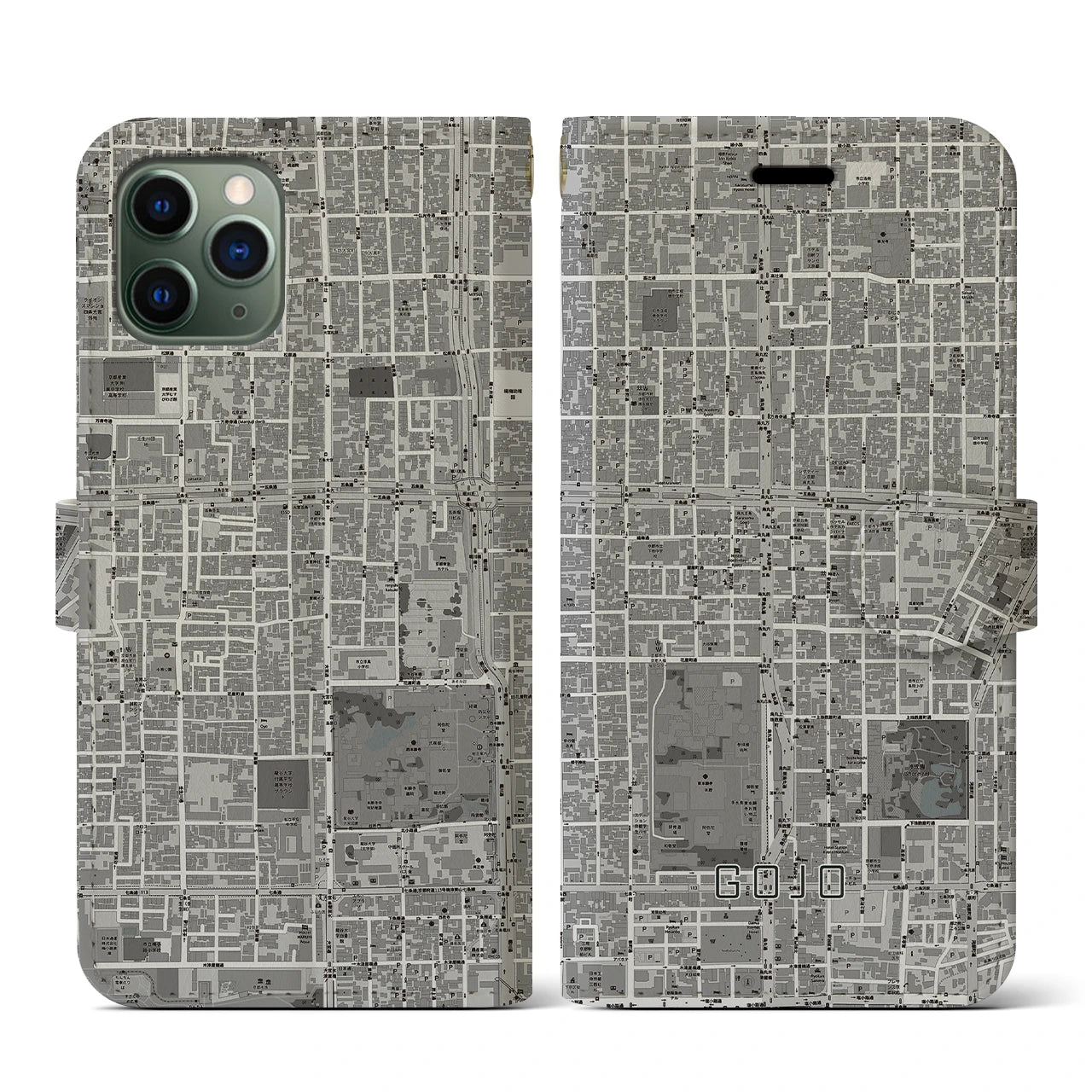 【五条(京都府)】地図柄iPhoneケース(手帳タイプ)モノトーン・iPhone 11 Pro 用