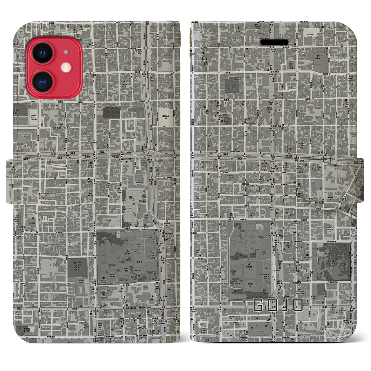 【五条(京都府)】地図柄iPhoneケース(手帳タイプ)モノトーン・iPhone 11 用