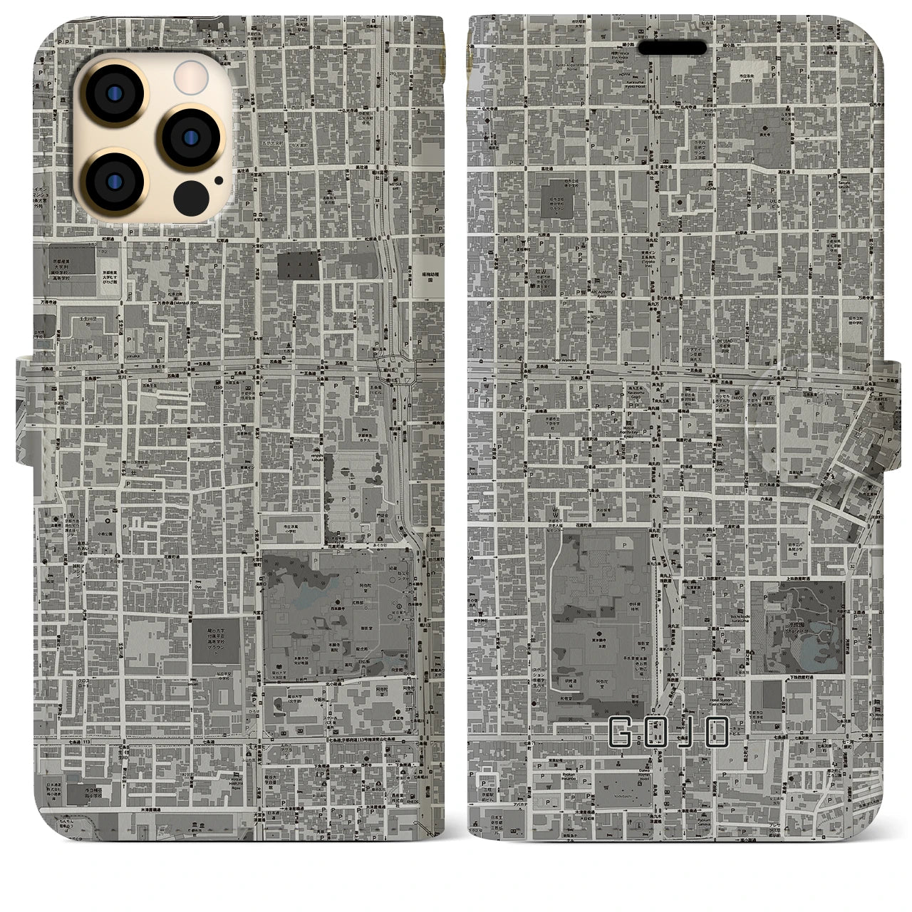 【五条(京都府)】地図柄iPhoneケース(手帳タイプ)モノトーン・iPhone 12 Pro Max 用