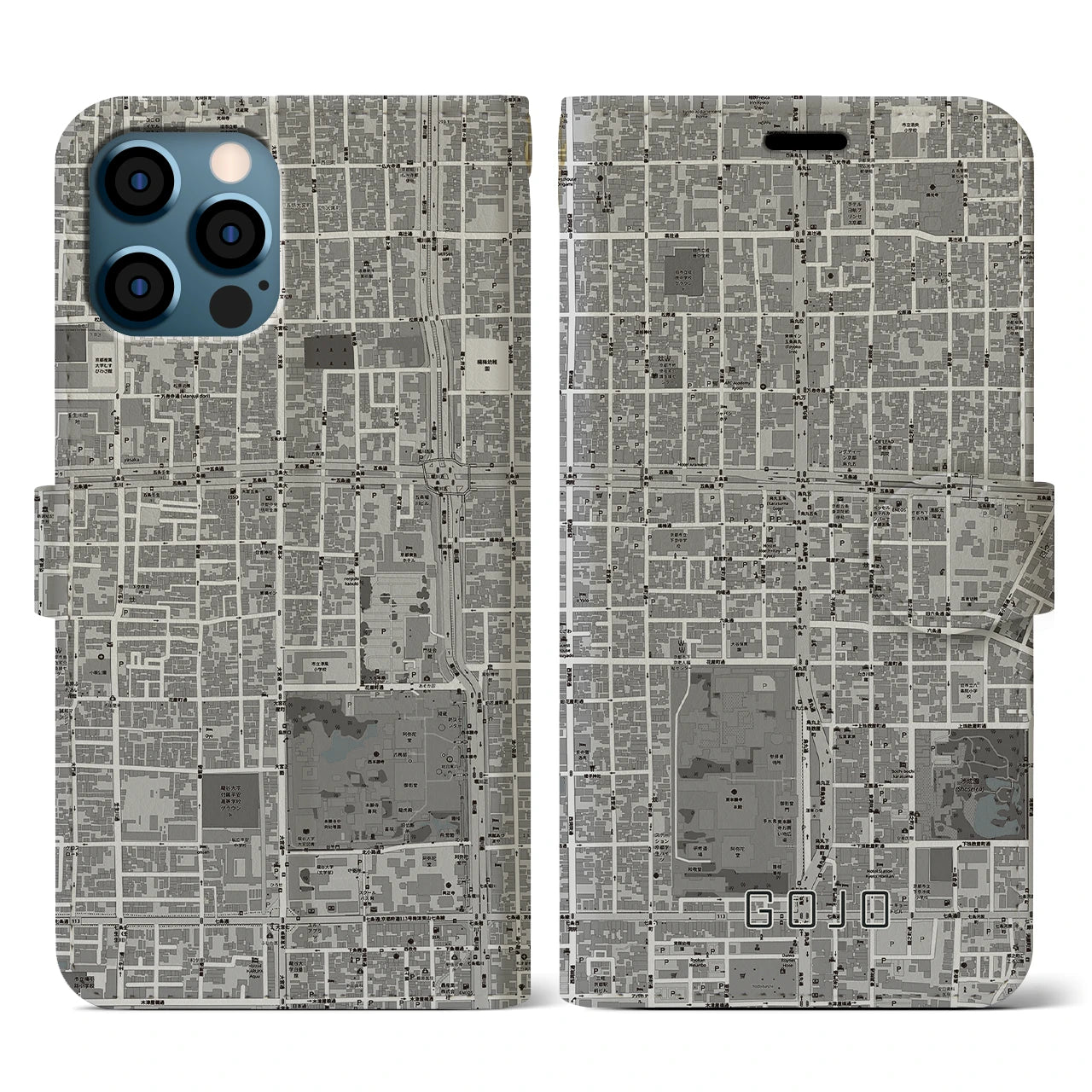 【五条(京都府)】地図柄iPhoneケース(手帳タイプ)モノトーン・iPhone 12 / 12 Pro 用