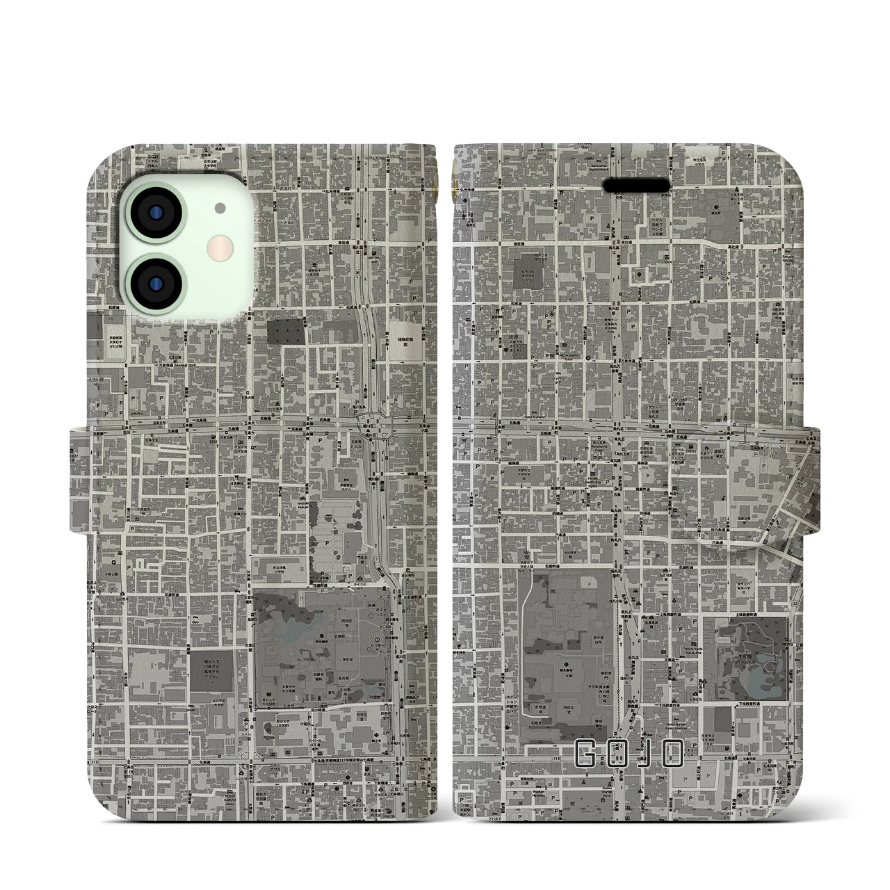 【五条(京都府)】地図柄iPhoneケース(手帳タイプ)モノトーン・iPhone 12 mini 用