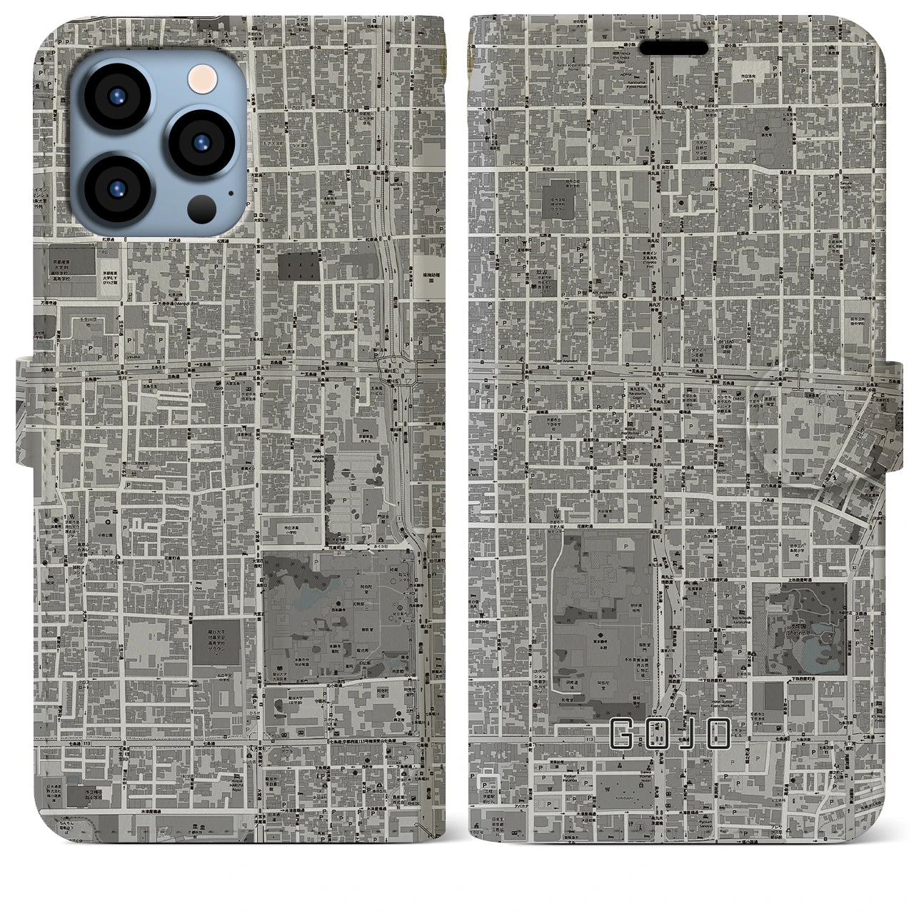 【五条(京都府)】地図柄iPhoneケース(手帳タイプ)モノトーン・iPhone 13 Pro Max 用