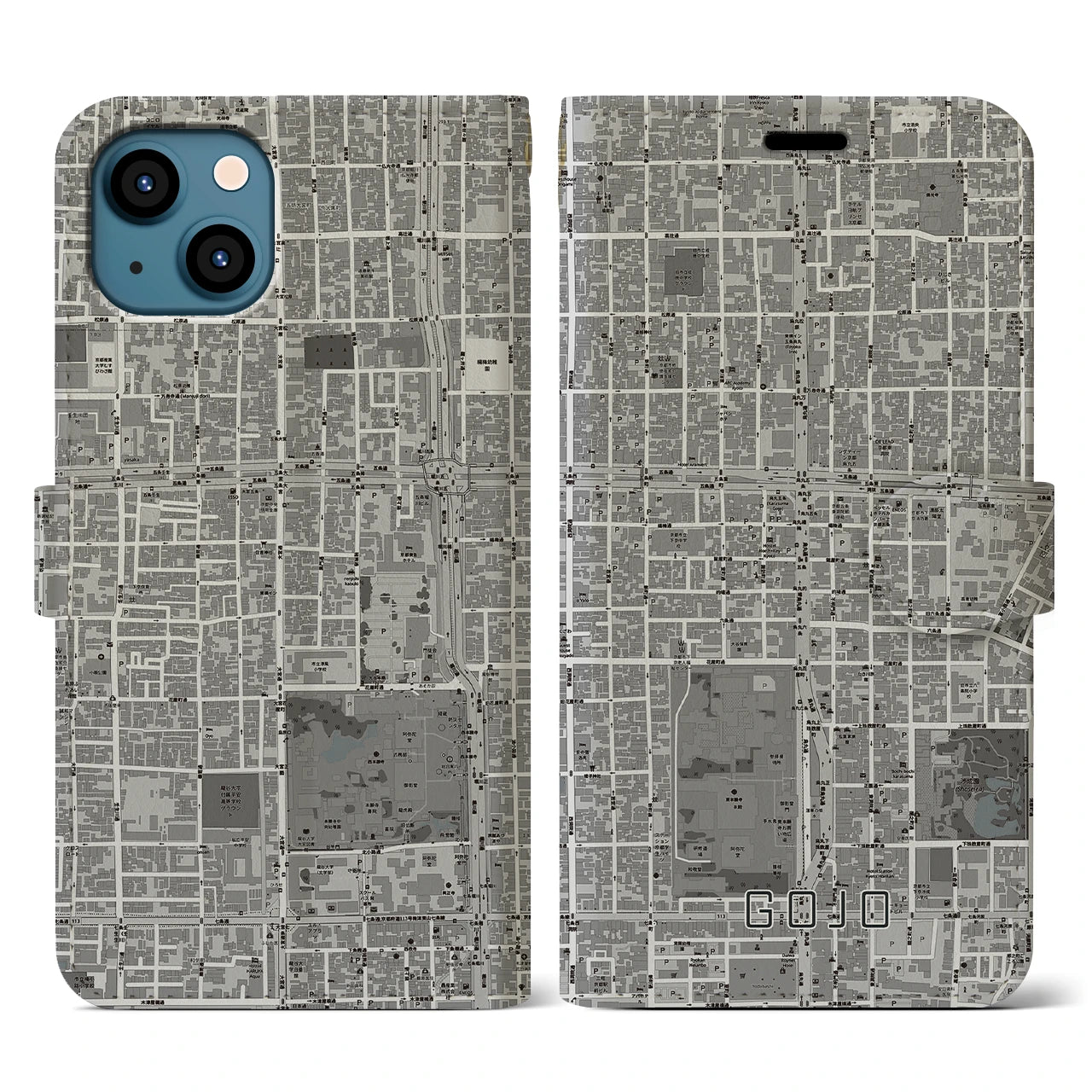 【五条(京都府)】地図柄iPhoneケース(手帳タイプ)モノトーン・iPhone 13 用