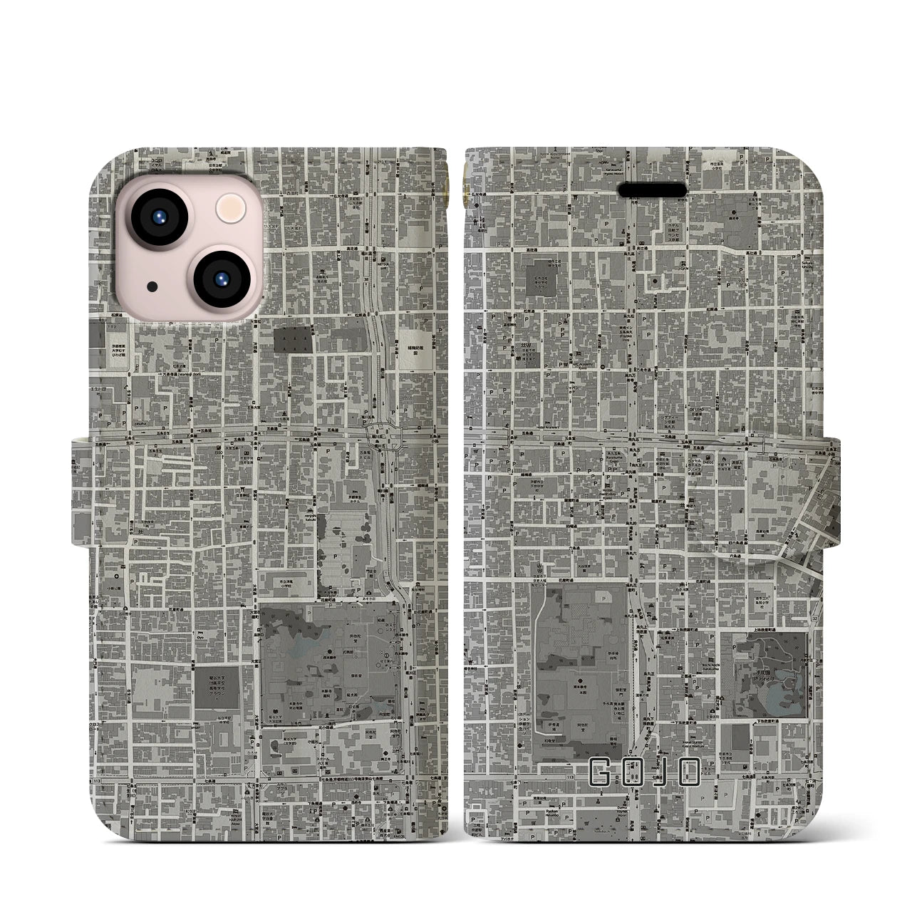【五条(京都府)】地図柄iPhoneケース(手帳タイプ)モノトーン・iPhone 13 mini 用