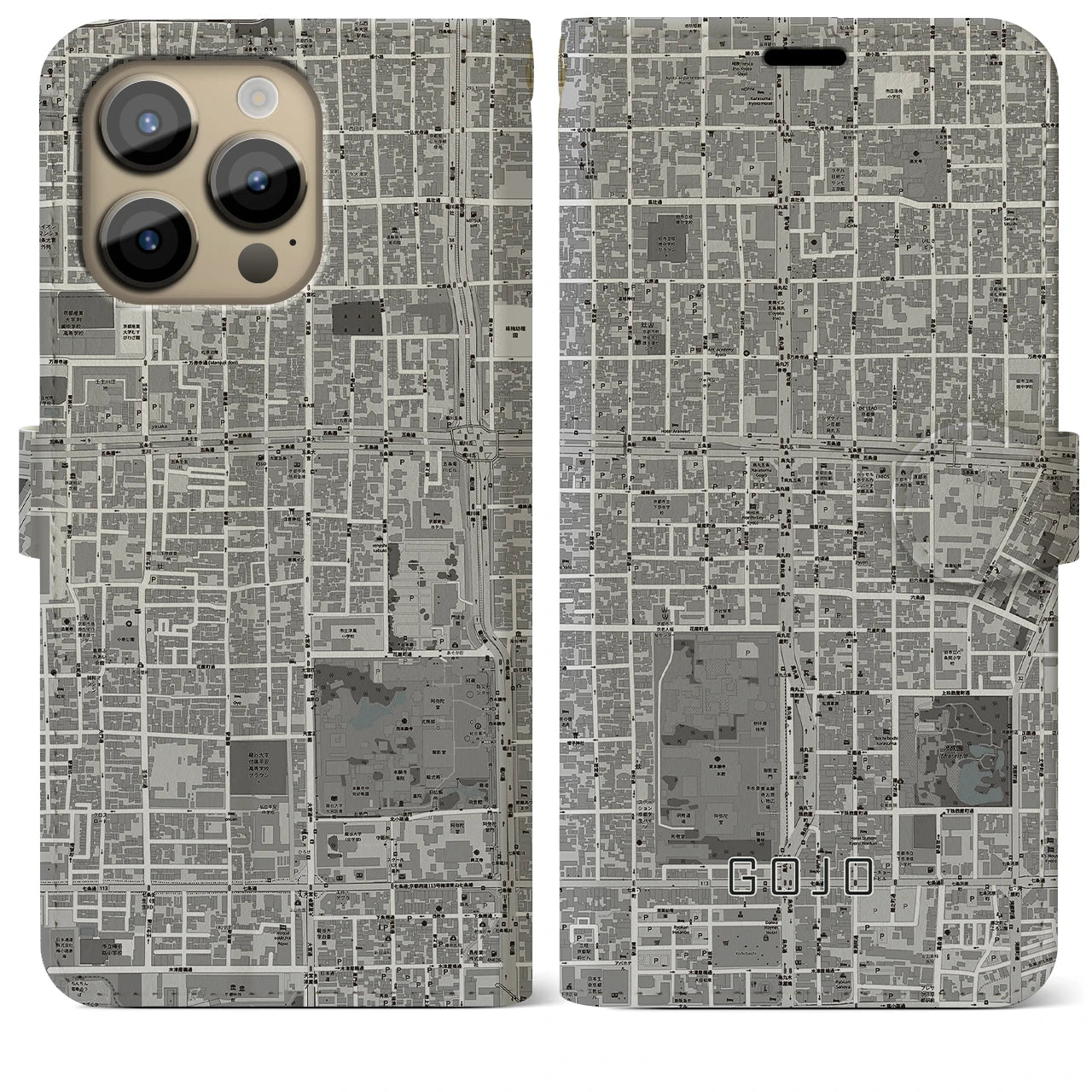 【五条(京都府)】地図柄iPhoneケース(手帳タイプ)モノトーン・iPhone 14 Pro Max 用