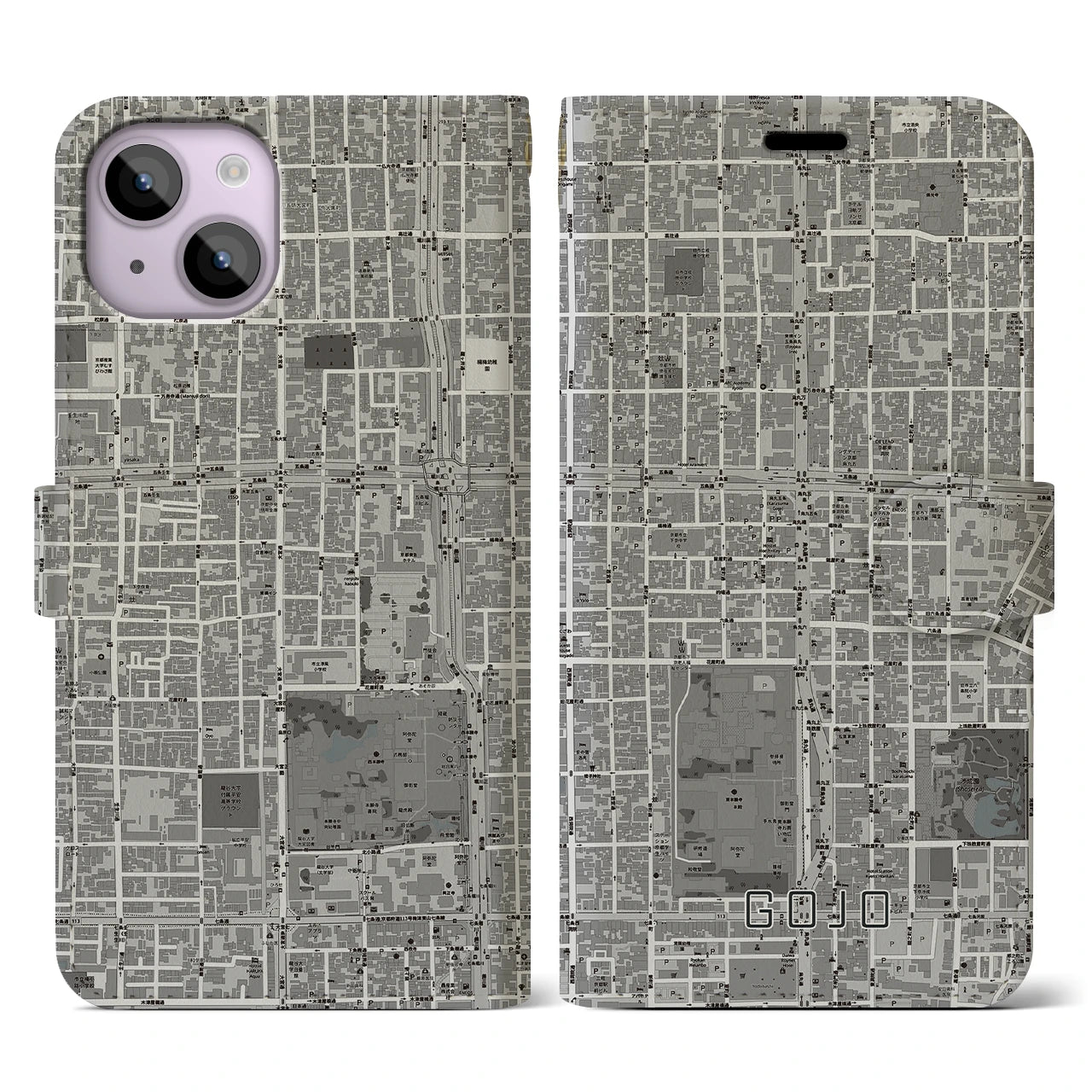 【五条(京都府)】地図柄iPhoneケース(手帳タイプ)モノトーン・iPhone 14 用