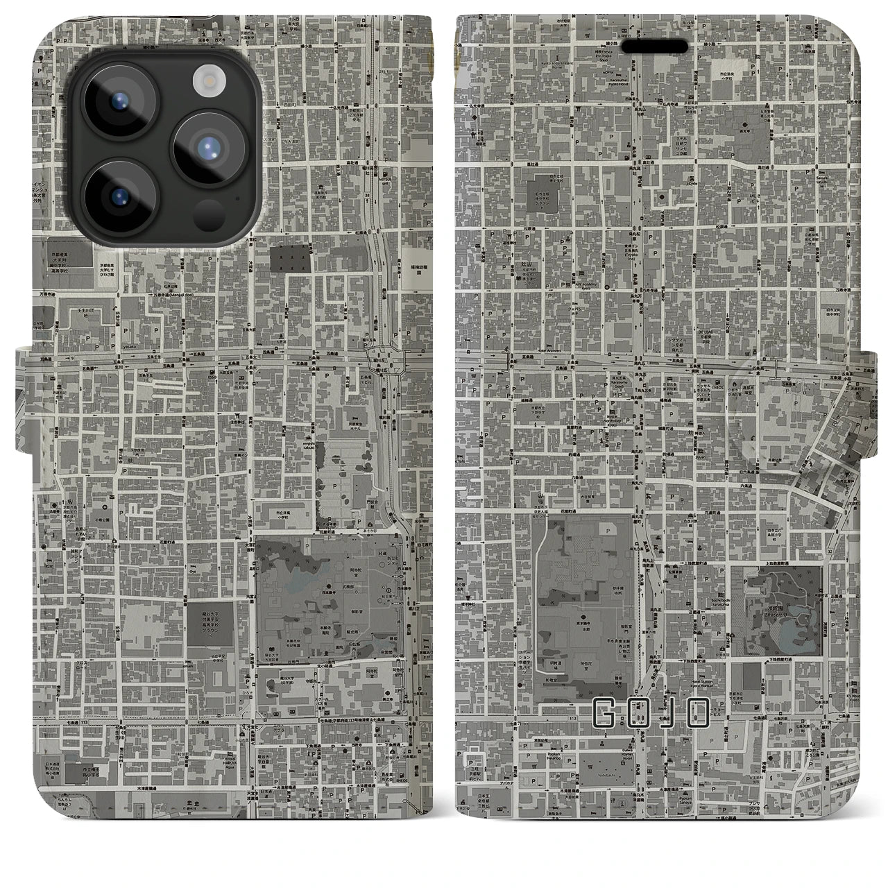 【五条(京都府)】地図柄iPhoneケース(手帳タイプ)モノトーン・iPhone 15 Pro Max 用
