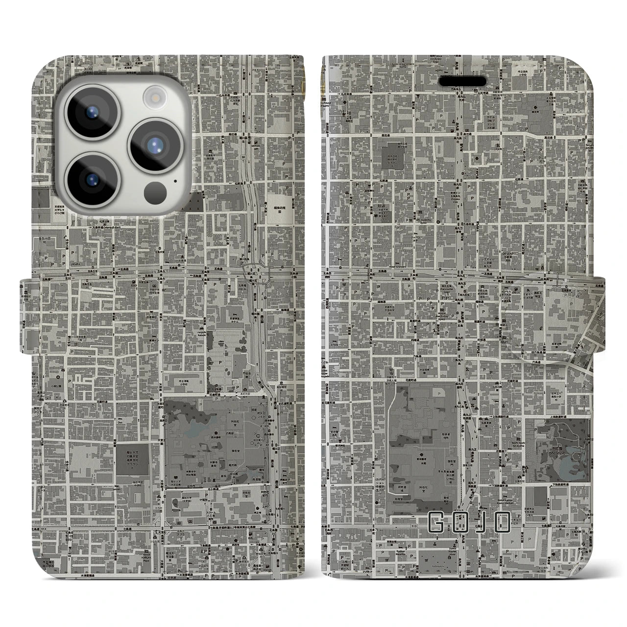 【五条(京都府)】地図柄iPhoneケース(手帳タイプ)モノトーン・iPhone 15 Pro 用