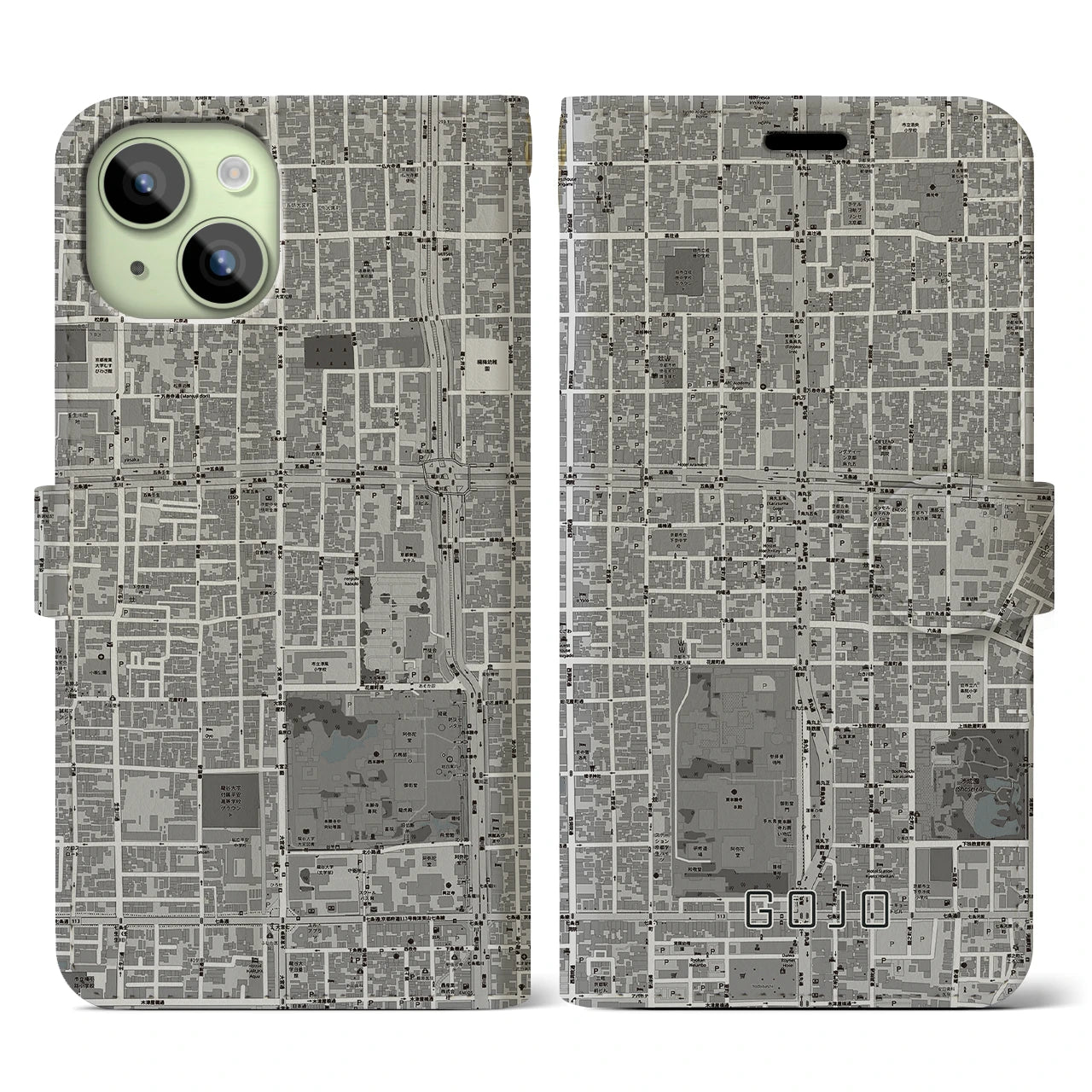 【五条(京都府)】地図柄iPhoneケース(手帳タイプ)モノトーン・iPhone 15 用
