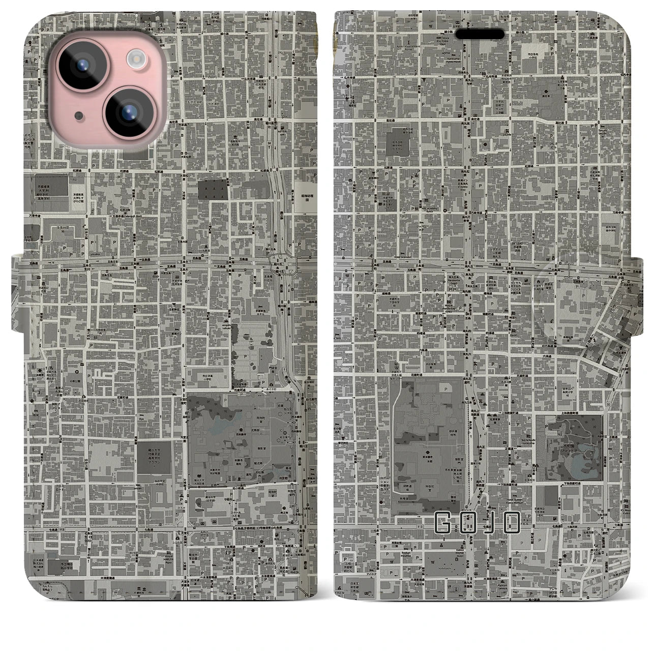 【五条(京都府)】地図柄iPhoneケース(手帳タイプ)モノトーン・iPhone 15 Plus 用