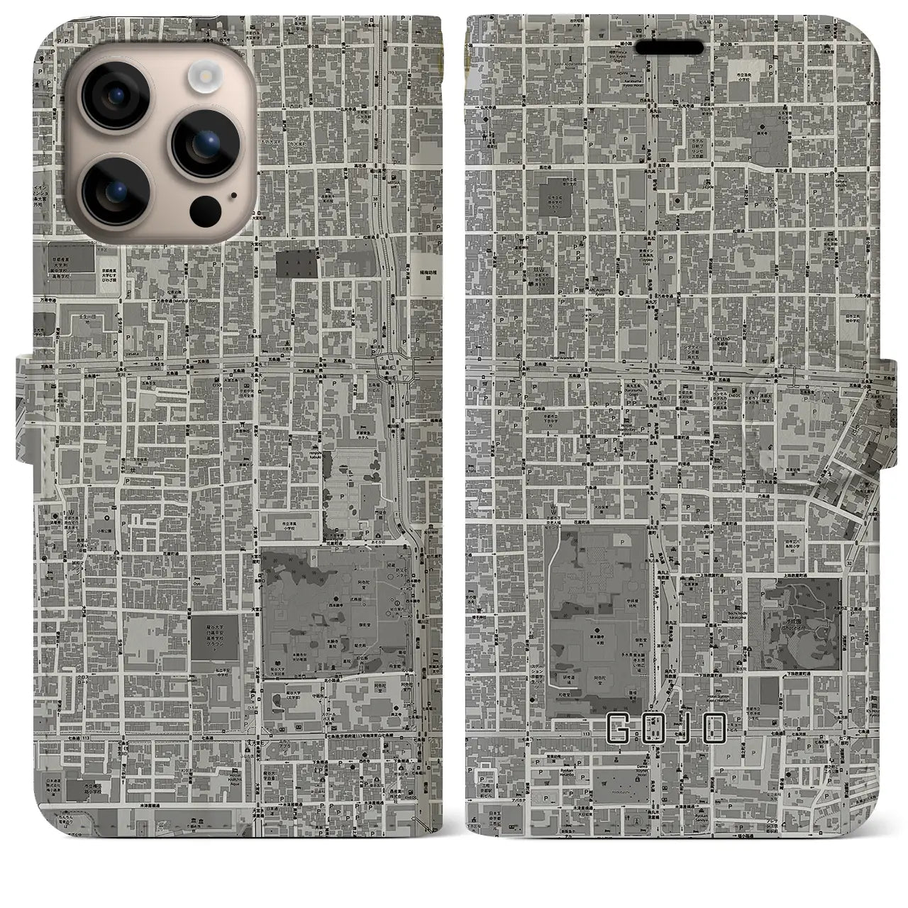 【五条(京都府)】地図柄iPhoneケース(手帳タイプ)モノトーン・iPhone 16 Plus 用