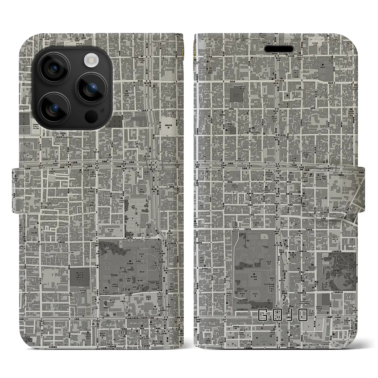 【五条(京都府)】地図柄iPhoneケース(手帳タイプ)モノトーン・iPhone 16 用