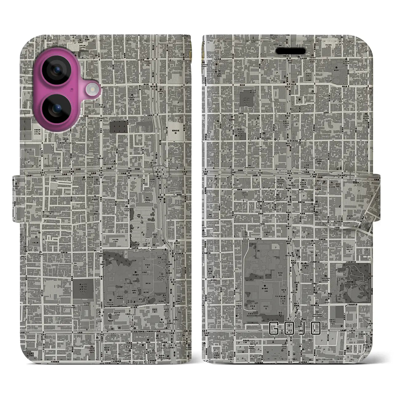 【五条(京都府)】地図柄iPhoneケース(手帳タイプ)モノトーン・iPhone 16 Pro 用