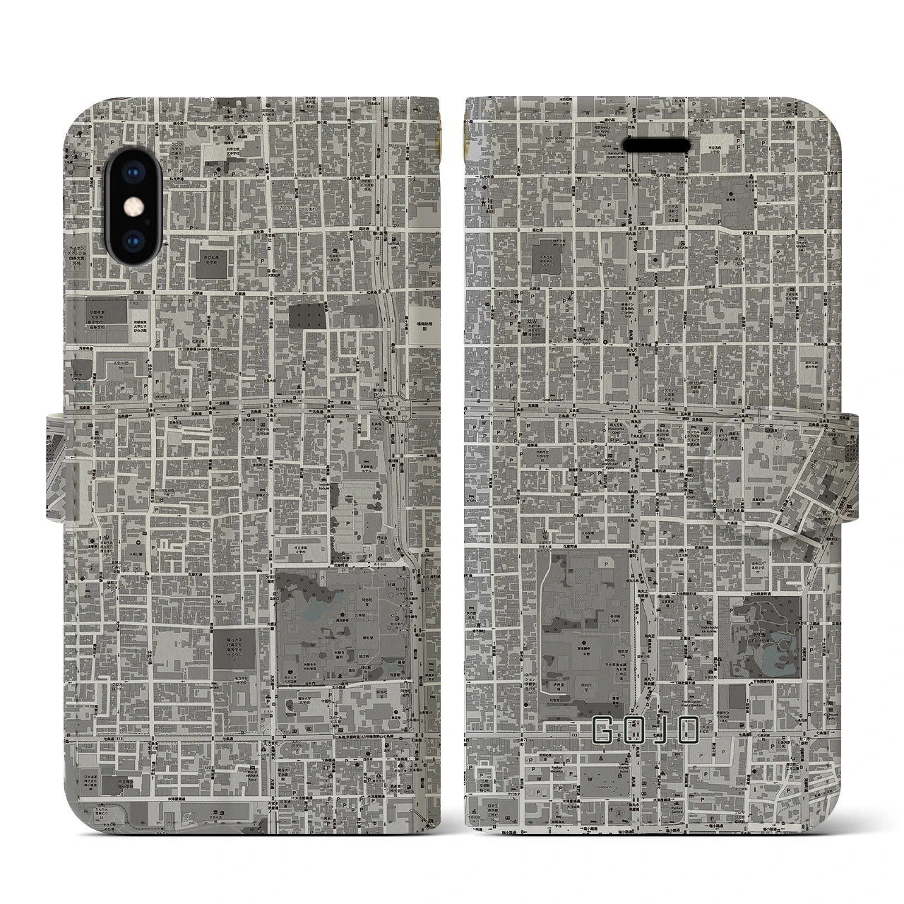 【五条(京都府)】地図柄iPhoneケース(手帳タイプ)モノトーン・iPhone XS / X 用