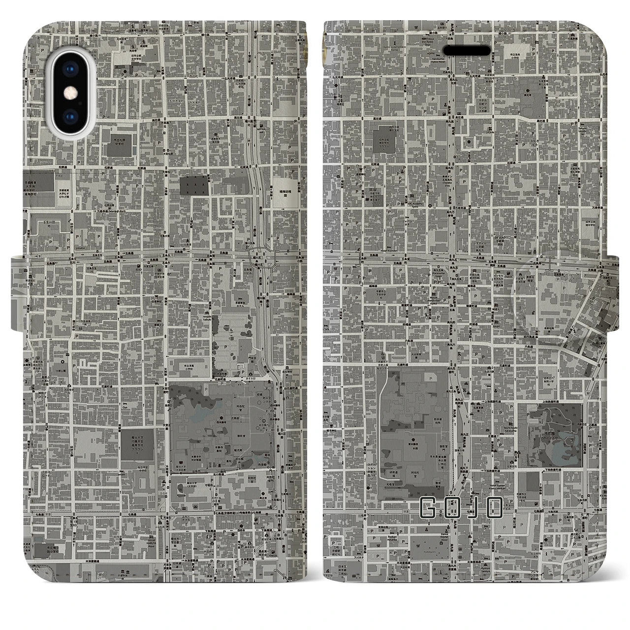 【五条(京都府)】地図柄iPhoneケース(手帳タイプ)モノトーン・iPhone XS Max 用
