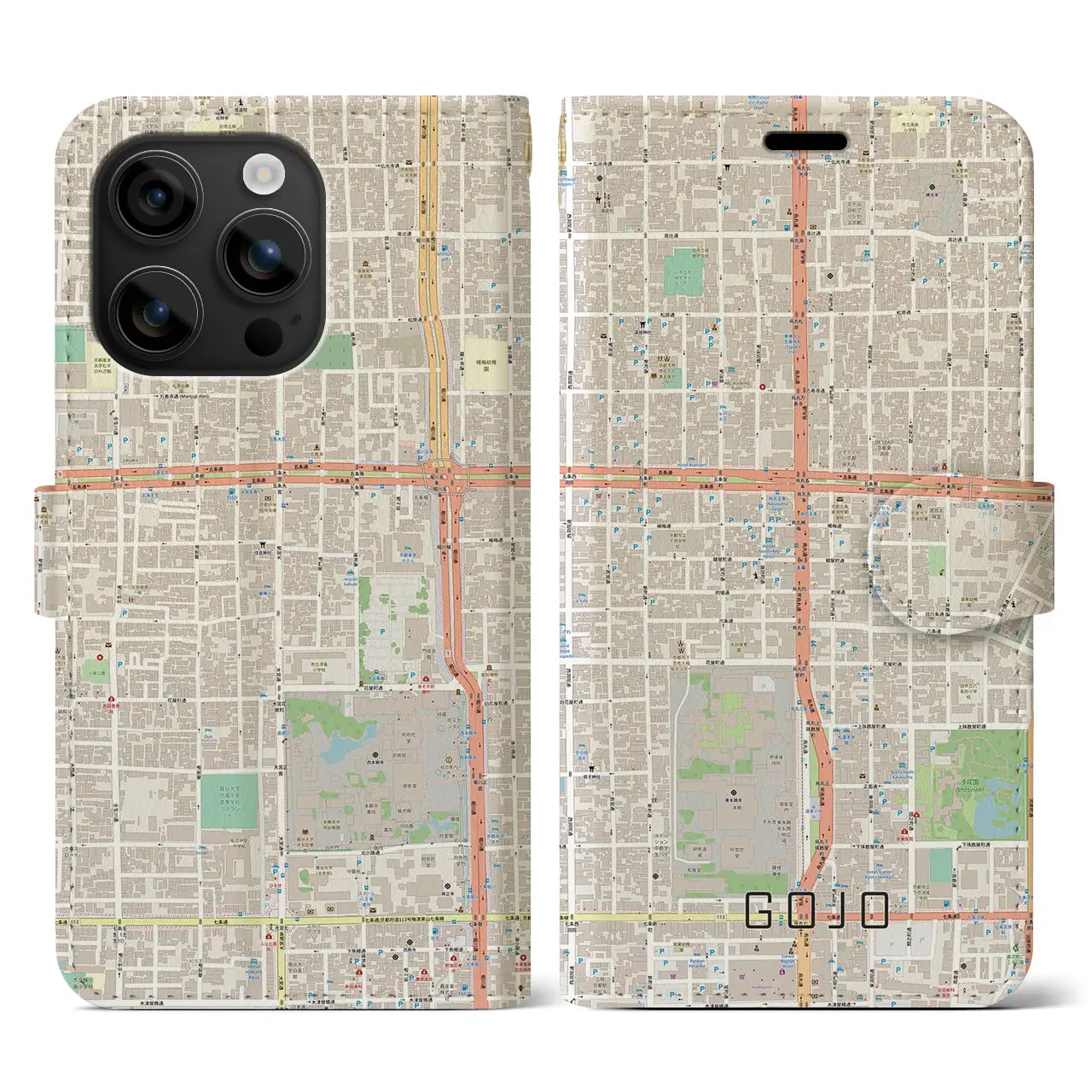 【五条(京都府)】地図柄iPhoneケース(手帳タイプ)ナチュラル・iPhone 16 用
