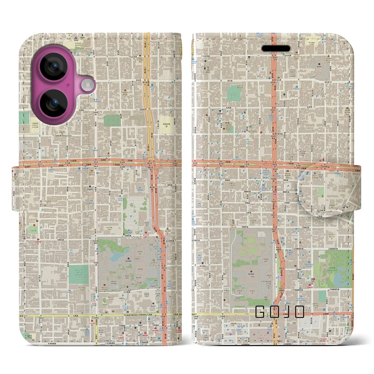 【五条(京都府)】地図柄iPhoneケース(手帳タイプ)ナチュラル・iPhone 16 Pro 用