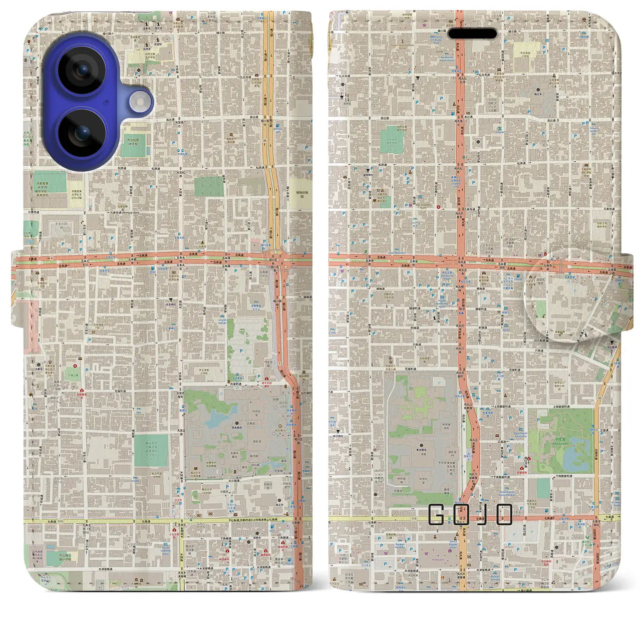 【五条(京都府)】地図柄iPhoneケース(手帳タイプ)ナチュラル・iPhone 16 Pro Max 用