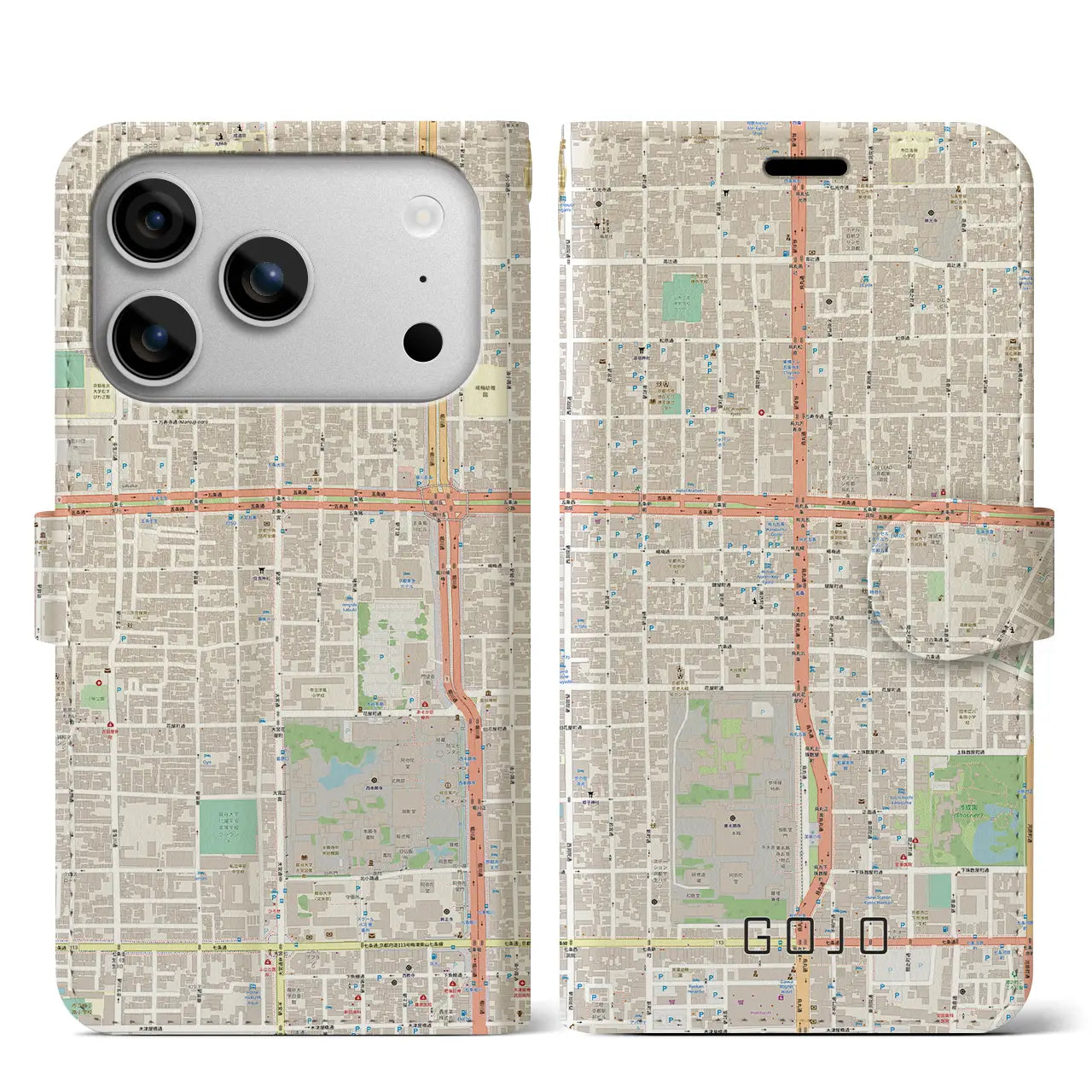 【五条(京都府)】地図柄iPhoneケース(手帳タイプ)モノトーン・iPhone 17 Pro Max 用