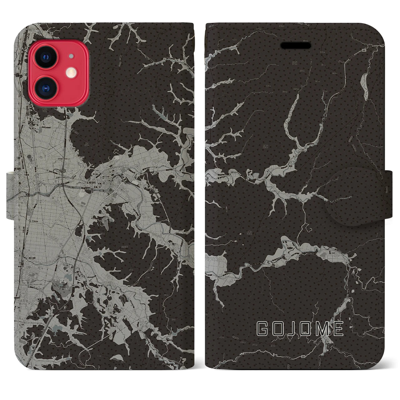 【五城目(秋田県)】地図柄iPhoneケース(手帳タイプ)モノトーン・iPhone 11 用
