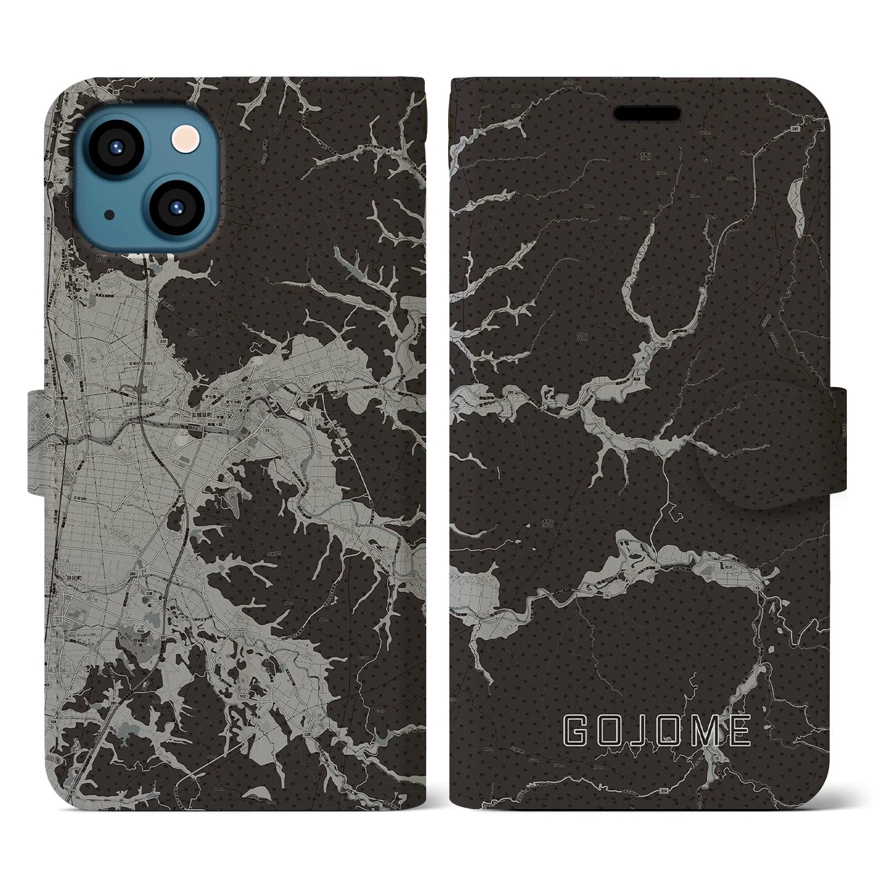 【五城目(秋田県)】地図柄iPhoneケース(手帳タイプ)モノトーン・iPhone 13 用