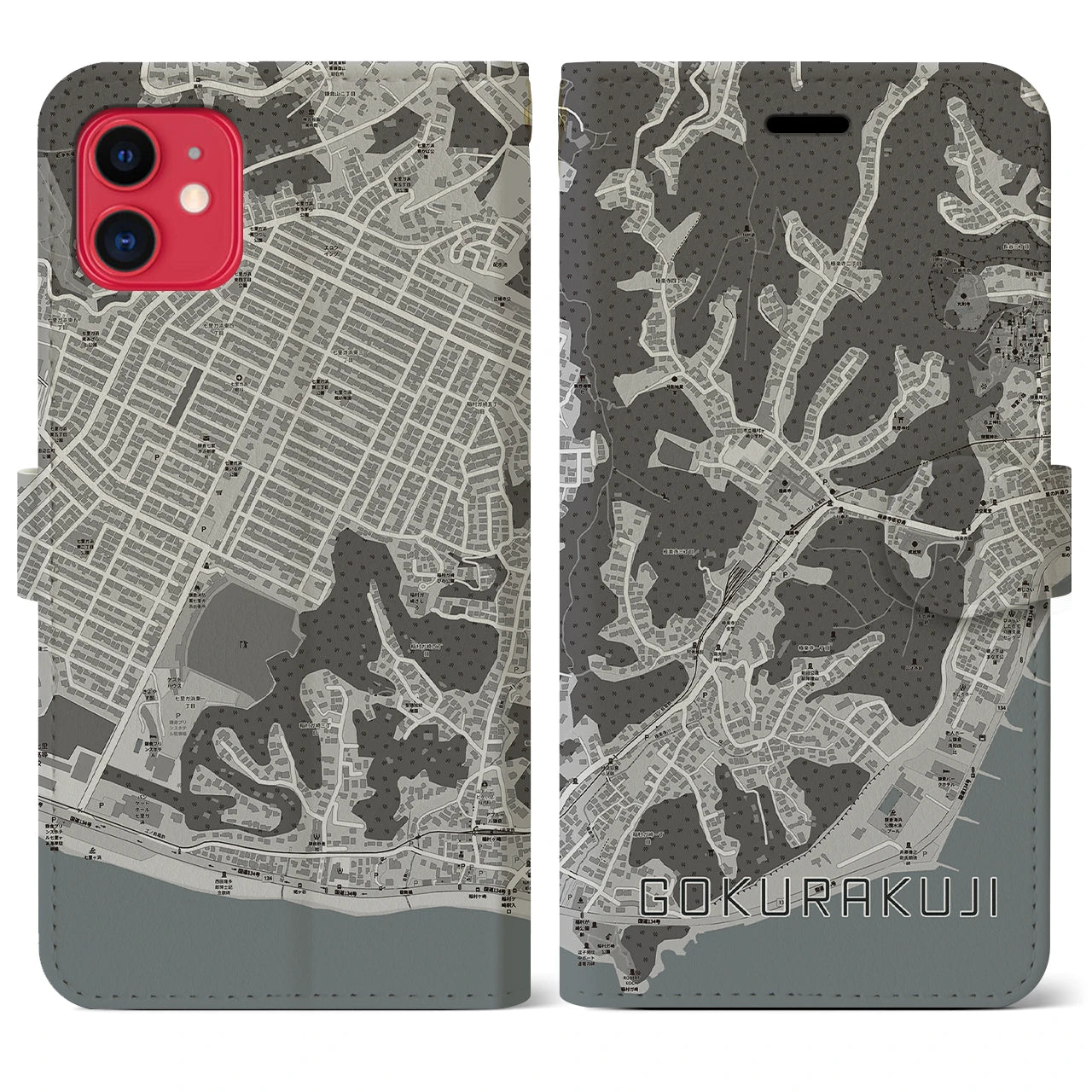 【極楽寺(神奈川県)】地図柄iPhoneケース(手帳タイプ)モノトーン・iPhone 11 用
