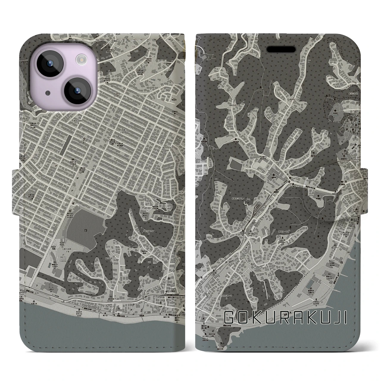 【極楽寺(神奈川県)】地図柄iPhoneケース(手帳タイプ)モノトーン・iPhone 14 用
