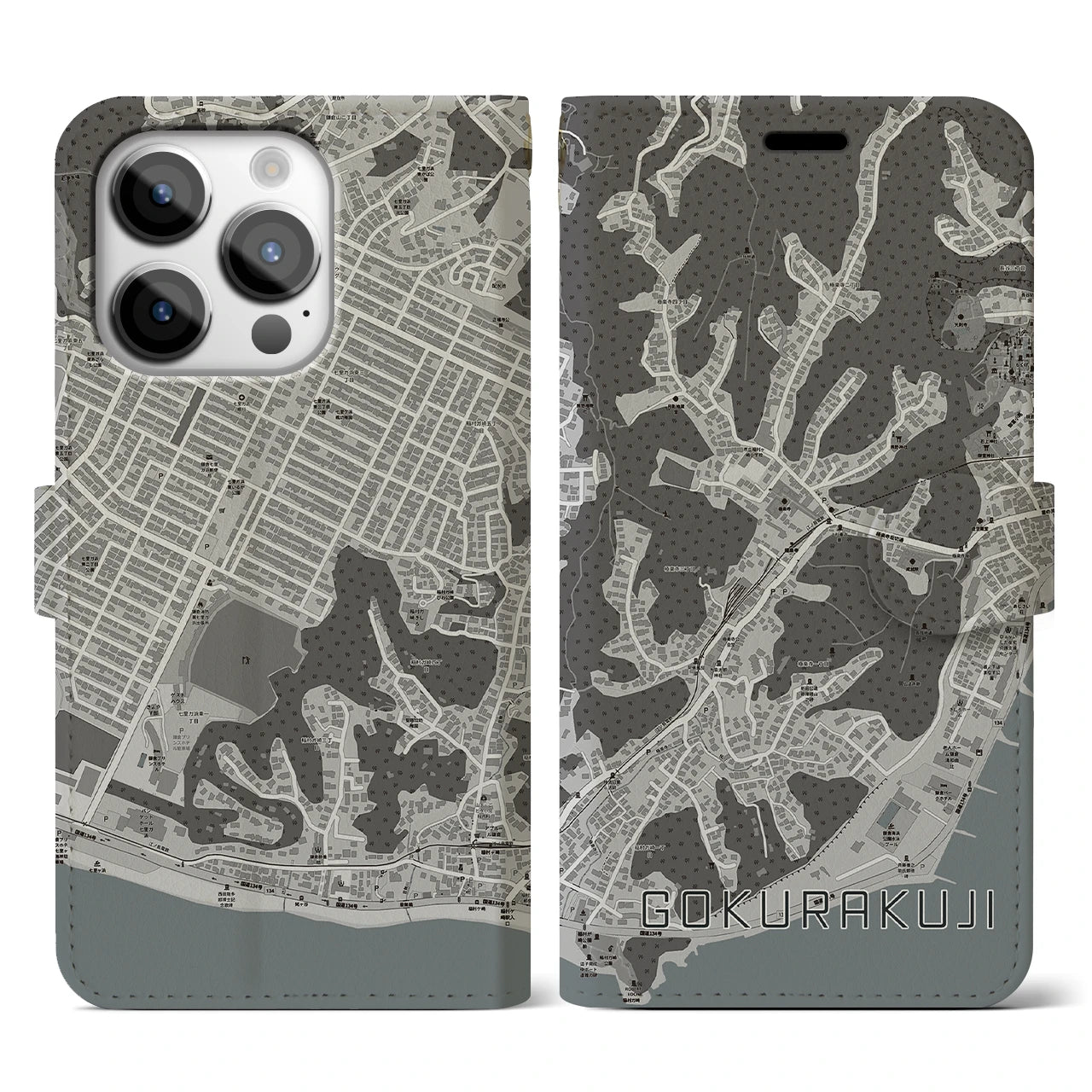 【極楽寺(神奈川県)】地図柄iPhoneケース(手帳タイプ)モノトーン・iPhone 14 Pro 用