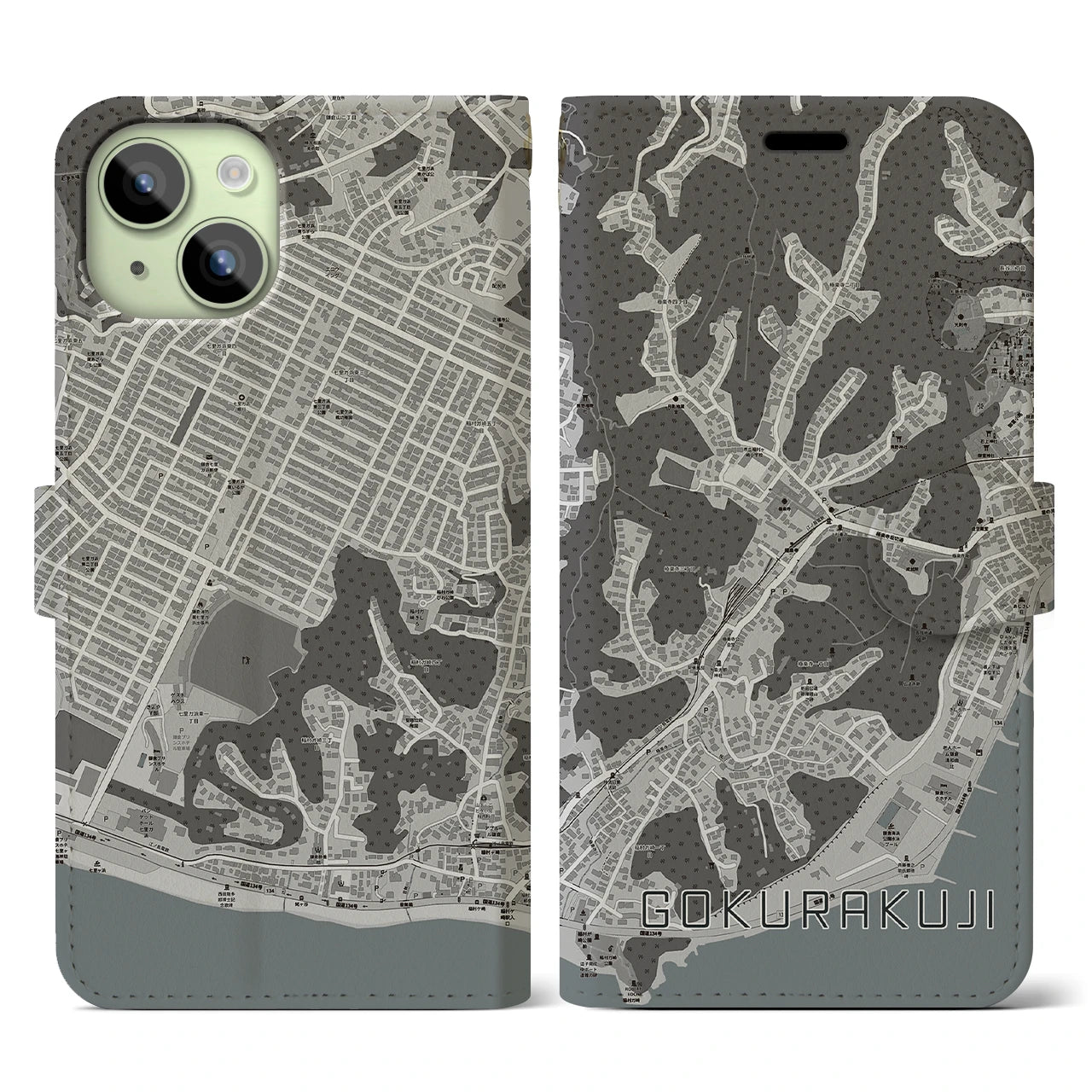 【極楽寺(神奈川県)】地図柄iPhoneケース(手帳タイプ)モノトーン・iPhone 15 用