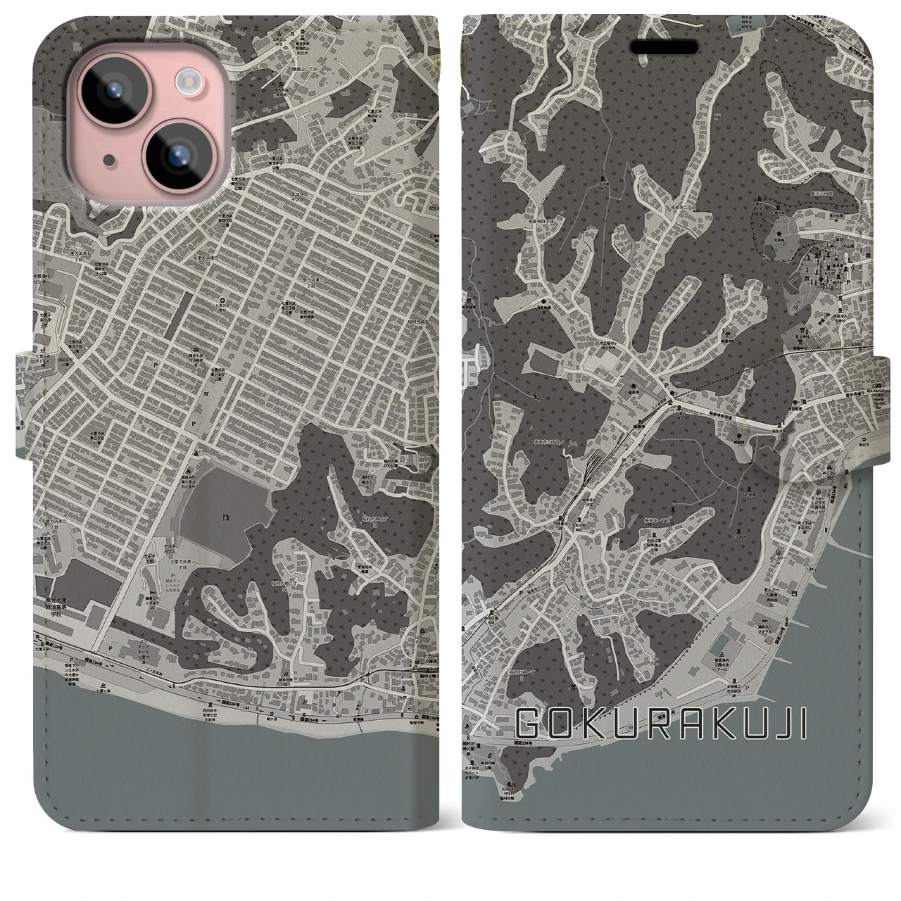 【極楽寺(神奈川県)】地図柄iPhoneケース(手帳タイプ)モノトーン・iPhone 15 Plus 用