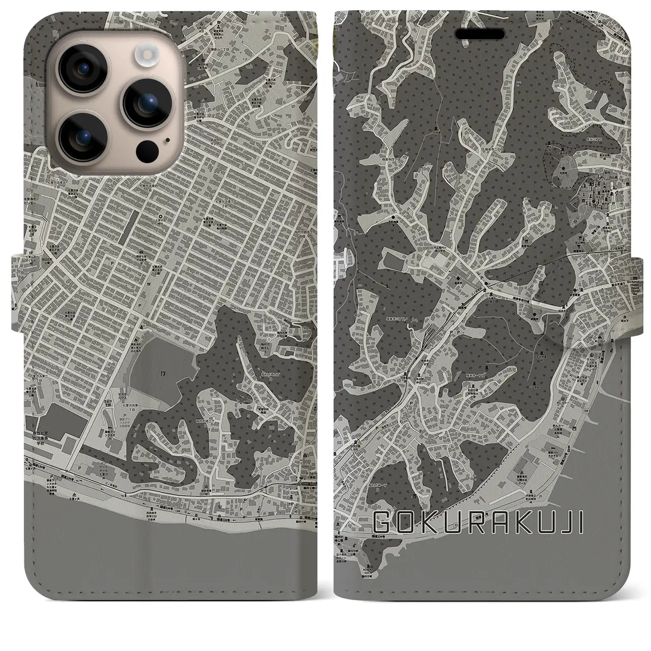 【極楽寺(神奈川県)】地図柄iPhoneケース(手帳タイプ)モノトーン・iPhone 16 Plus 用