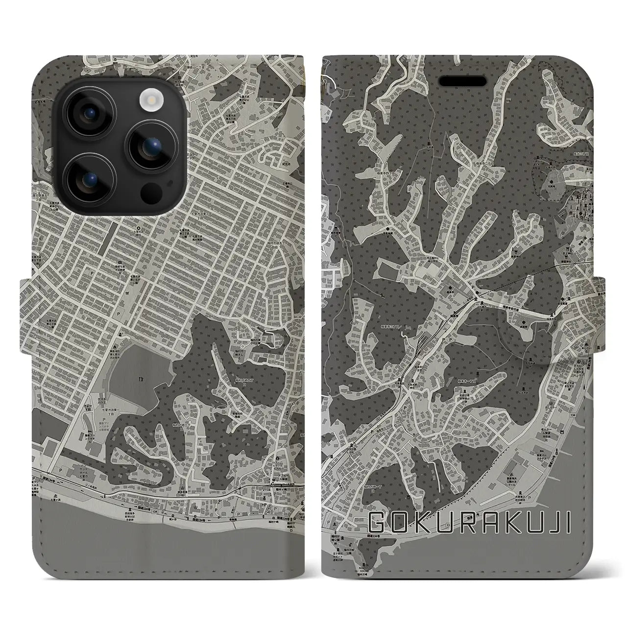 【極楽寺(神奈川県)】地図柄iPhoneケース(手帳タイプ)モノトーン・iPhone 16 用