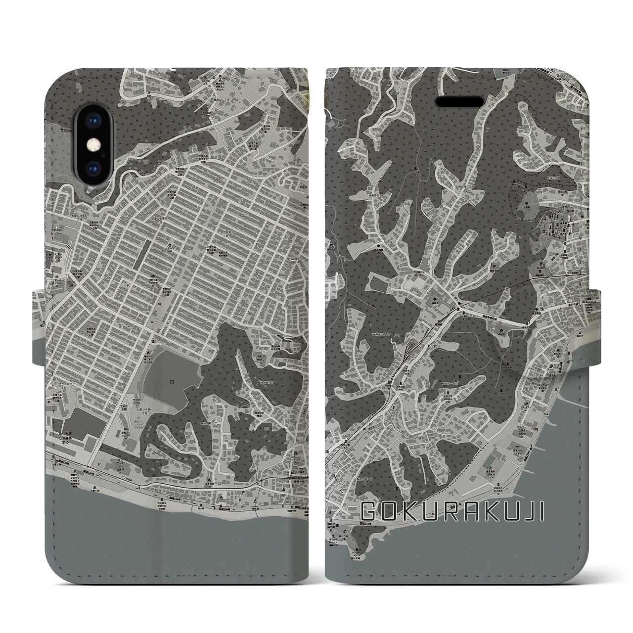 【極楽寺(神奈川県)】地図柄iPhoneケース(手帳タイプ)モノトーン・iPhone XS / X 用