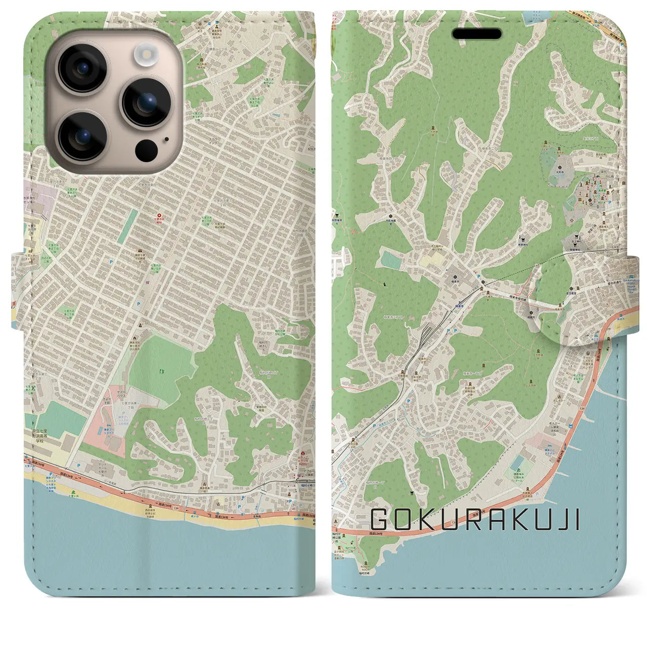 【極楽寺(神奈川県)】地図柄iPhoneケース(手帳タイプ)ナチュラル・iPhone 16 Plus 用