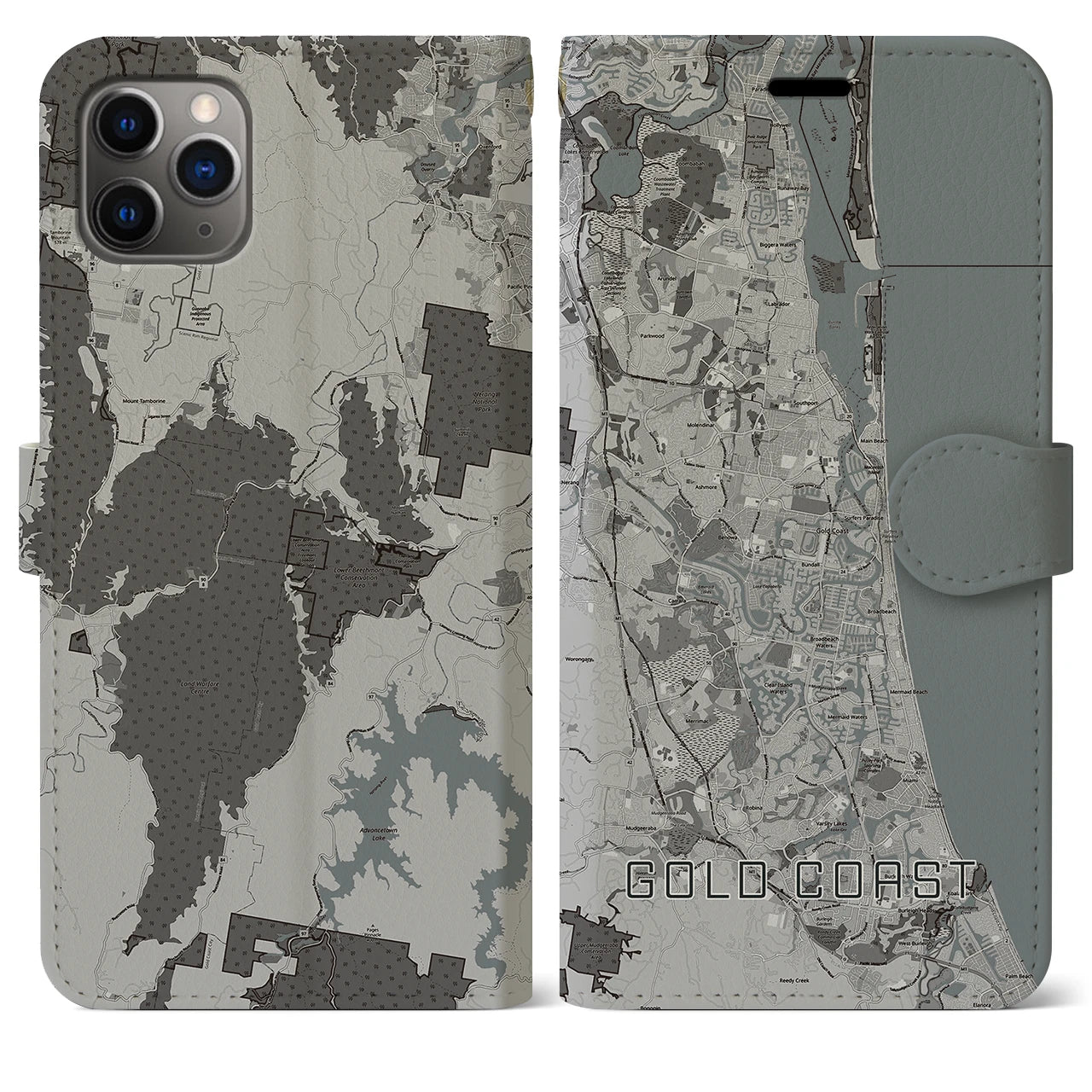 【ゴールドコースト(オーストラリア)】地図柄iPhoneケース(手帳タイプ)モノトーン・iPhone 11 Pro Max 用
