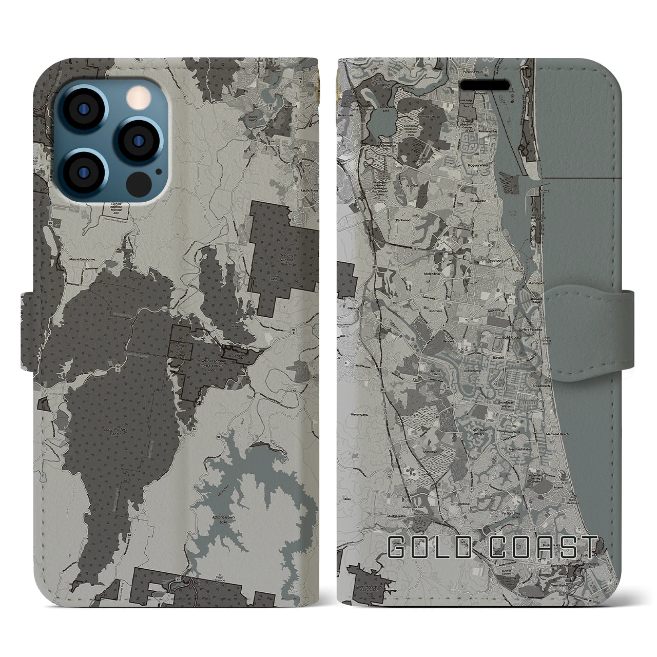 【ゴールドコースト(オーストラリア)】地図柄iPhoneケース(手帳タイプ)モノトーン・iPhone 12 / 12 Pro 用