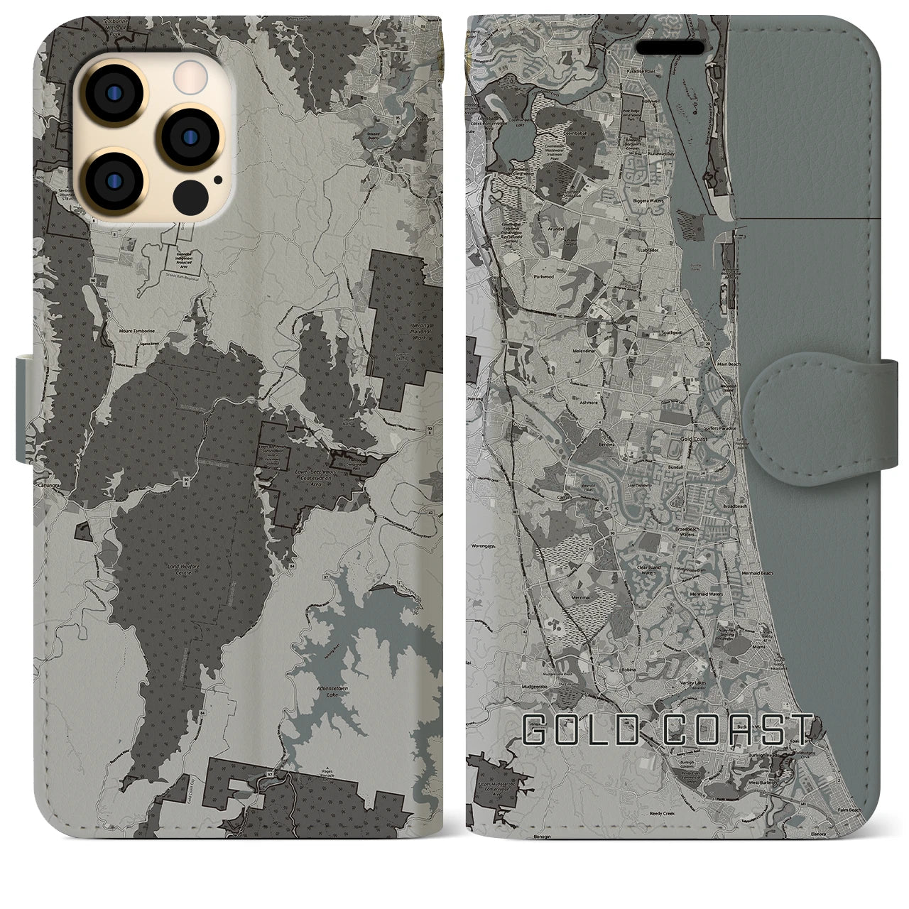 【ゴールドコースト(オーストラリア)】地図柄iPhoneケース(手帳タイプ)モノトーン・iPhone 12 Pro Max 用