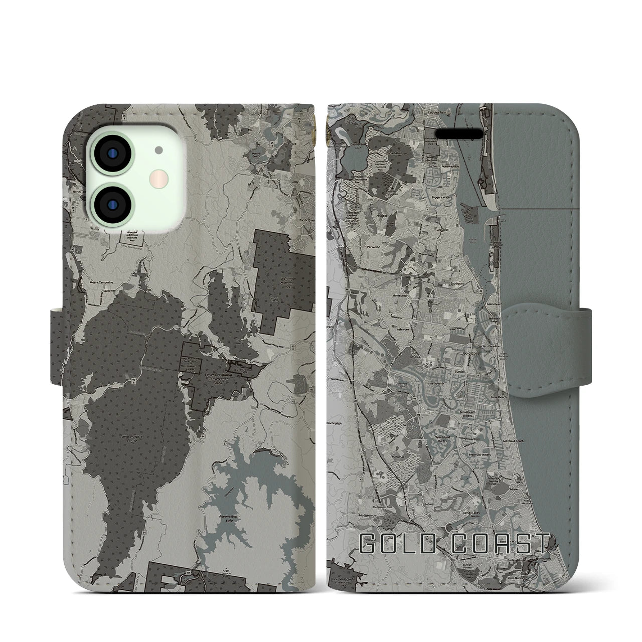 【ゴールドコースト(オーストラリア)】地図柄iPhoneケース(手帳タイプ)モノトーン・iPhone 12 mini 用