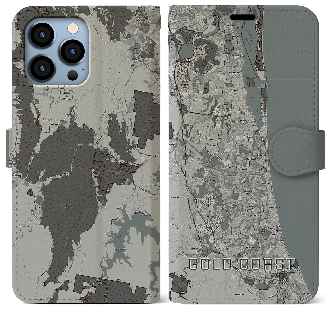 【ゴールドコースト(オーストラリア)】地図柄iPhoneケース(手帳タイプ)モノトーン・iPhone 13 Pro Max 用